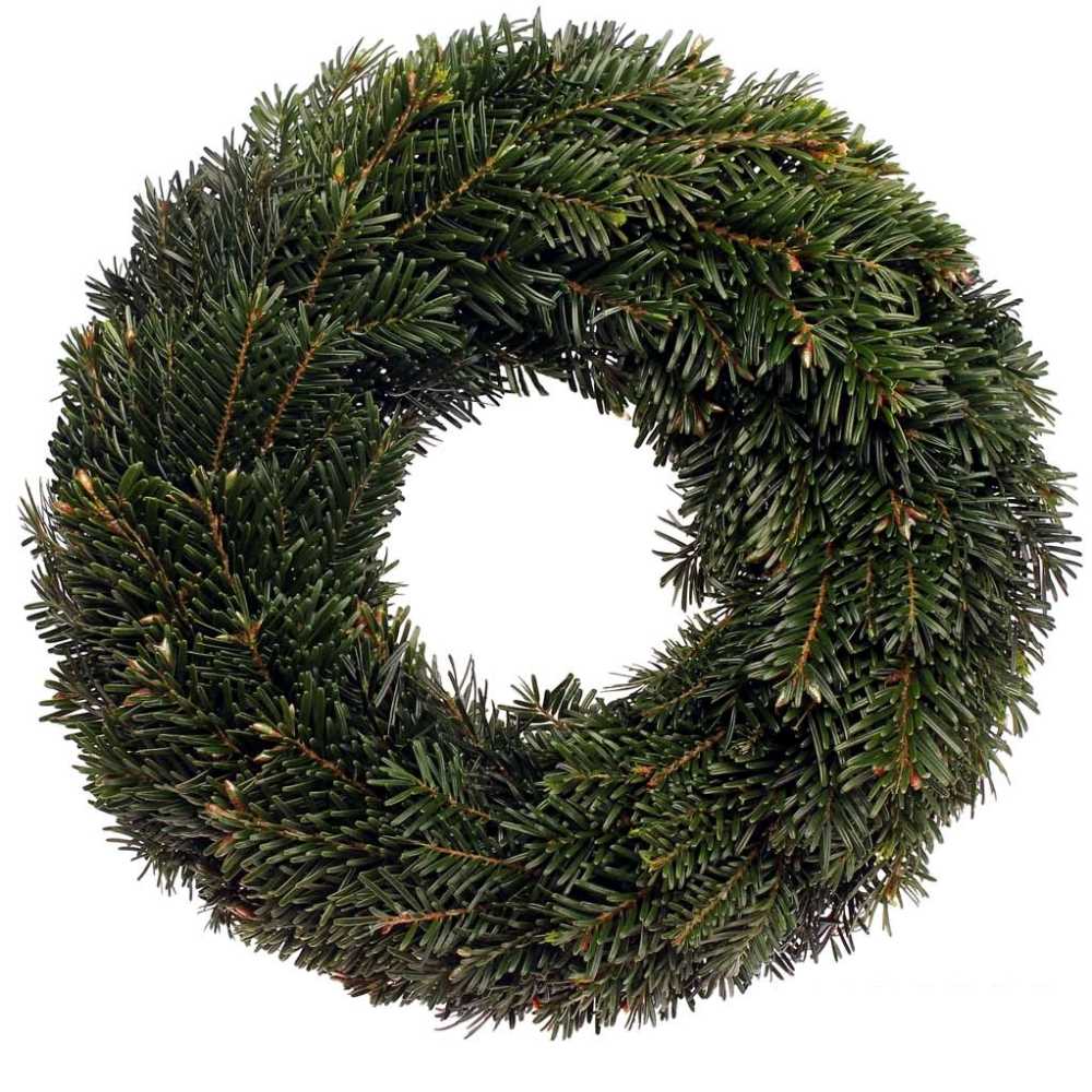 Grüner undekorierter Kranz aus Tannenzweigen mit einem offenen Zentrum. Die Blätter sind dicht angeo