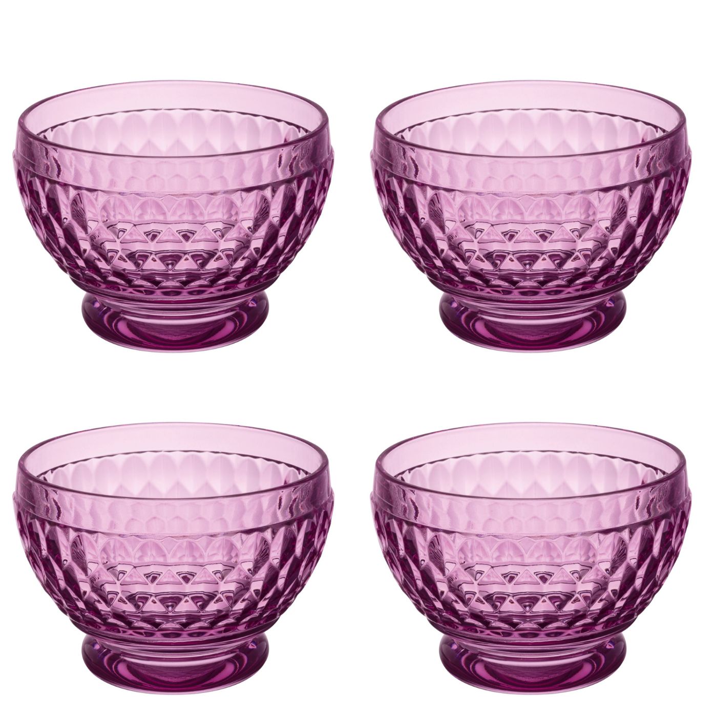 Vier lila Schalen mit rautenförmigem Muster auf einem weißen Hintergrund