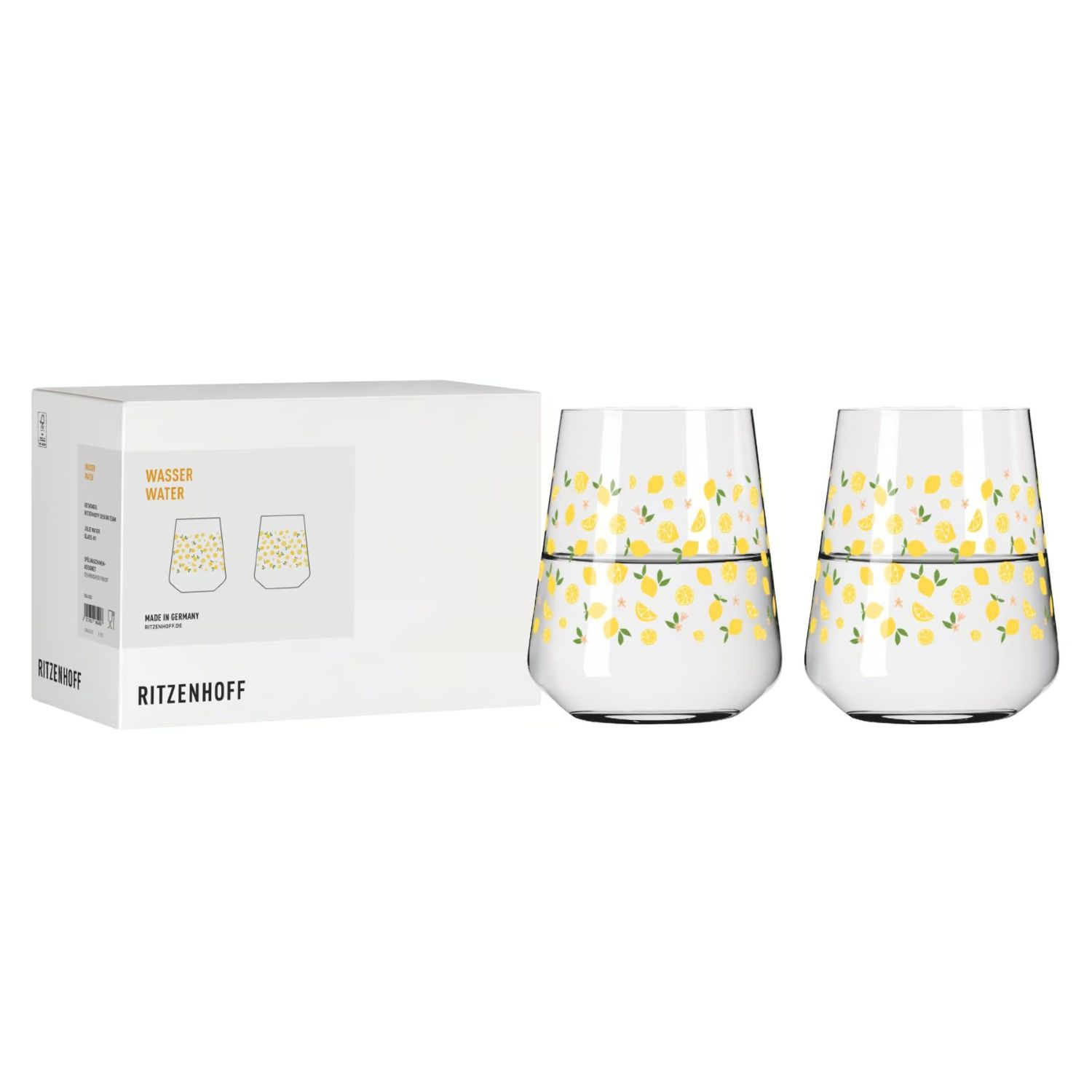 Zwei Gläser mit Wasser, eines mit goldenen, das andere mit rosa und goldenen Blumenmustern. Transpar