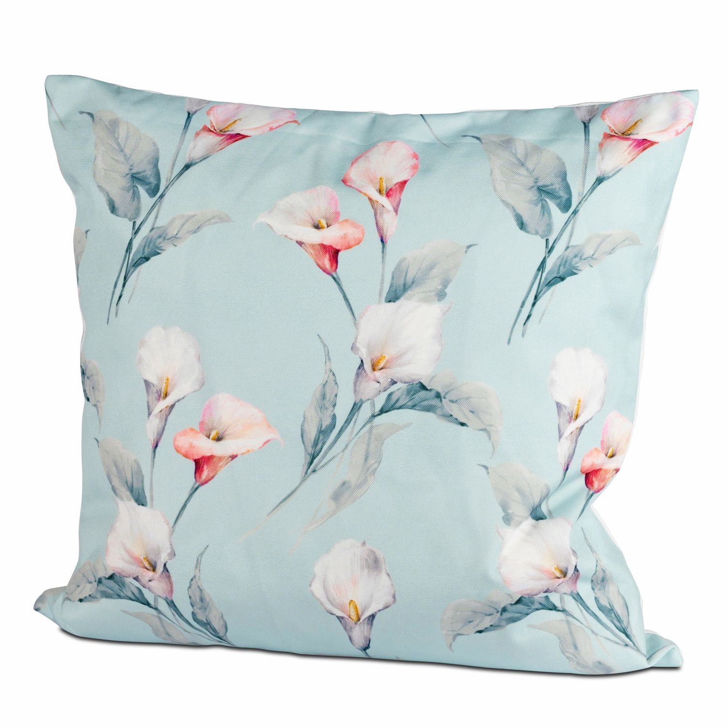 Kissen mit floralen Motiven in sanften Farben auf blauem Hintergrund