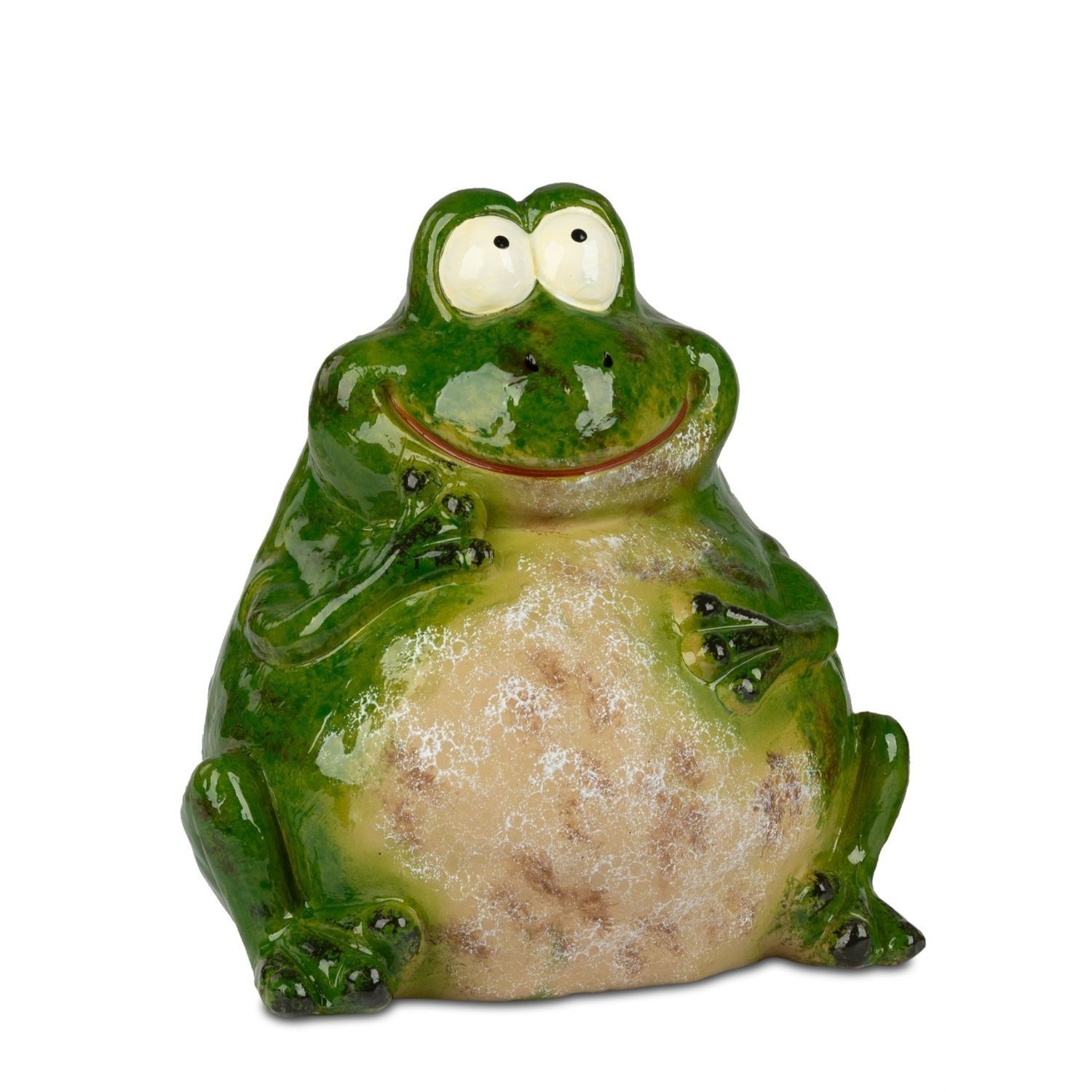 Grüne lächelnde Froschfigur mit großem Bauch, sitzend vor weißem Hintergrund