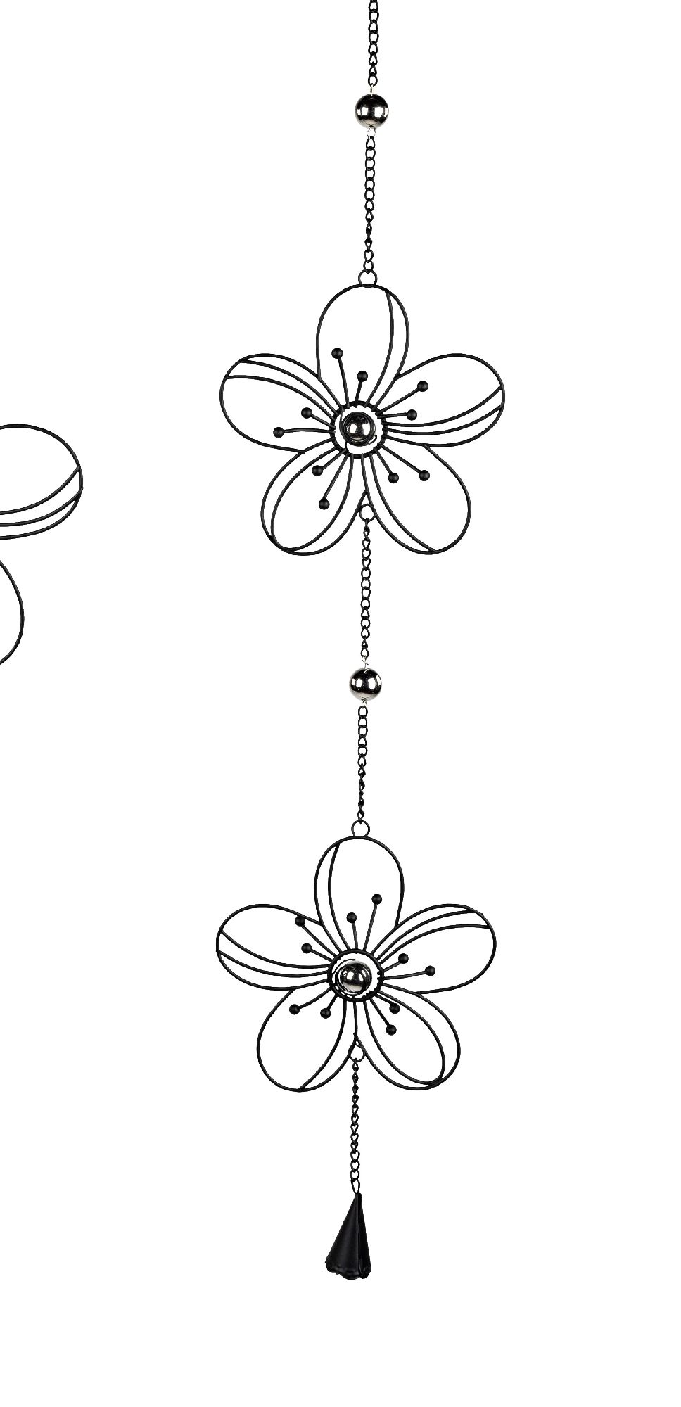 Schwarz-weiße Illustration mit zwei blühenden Blumen und einer Perle, die an einer Kette hängen. Untere Blume hat einen schwarzen Tropfen.