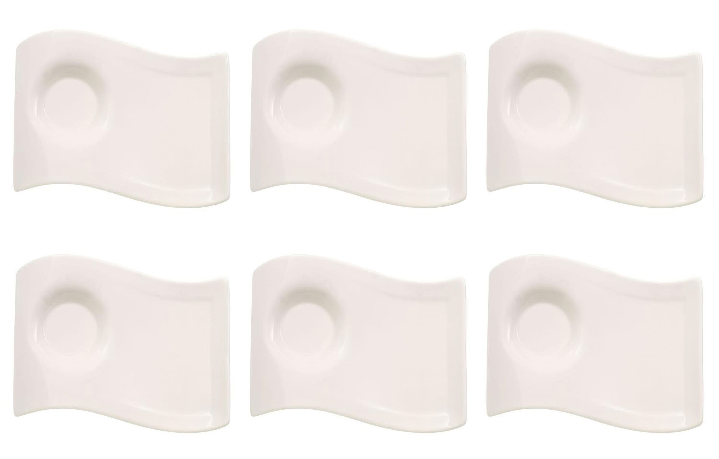 Sechs weiße, wellenförmige Teller mit einer Vertiefung in der Mitte, angeordnet in zwei Reihen.