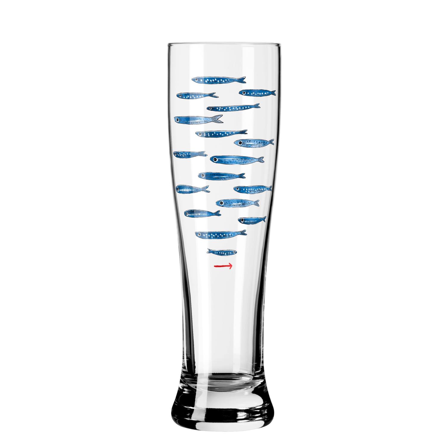 Ein hohes Glas mit blauen Fischmotiven, die vertikal angeordnet sind. Unten zeigt ein roter Pfeil nach rechts.