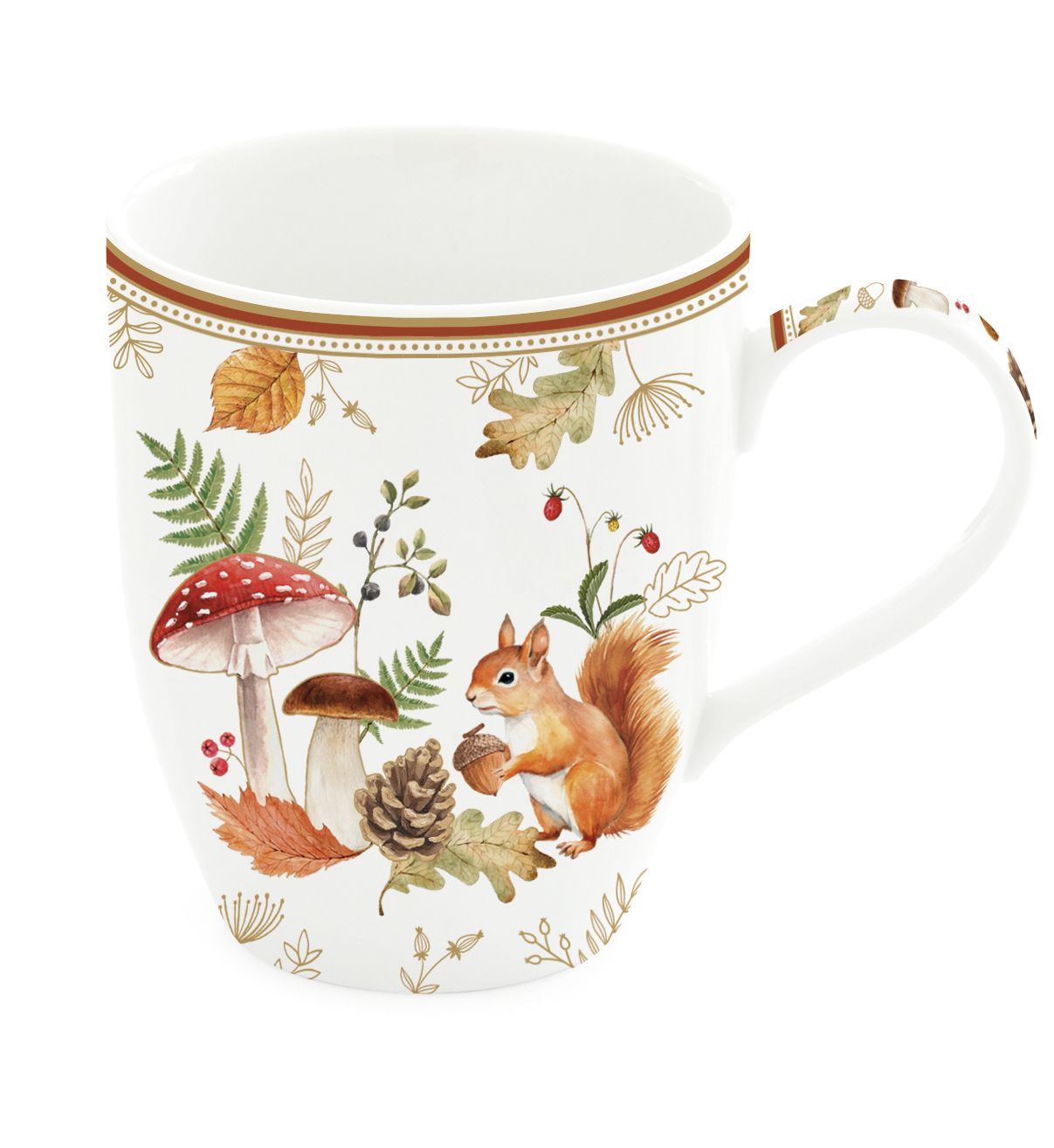 Weißer Becher mit bunten Illustrationen von Pilzen, Eicheln, Blättern und einem Eichhörnchen.