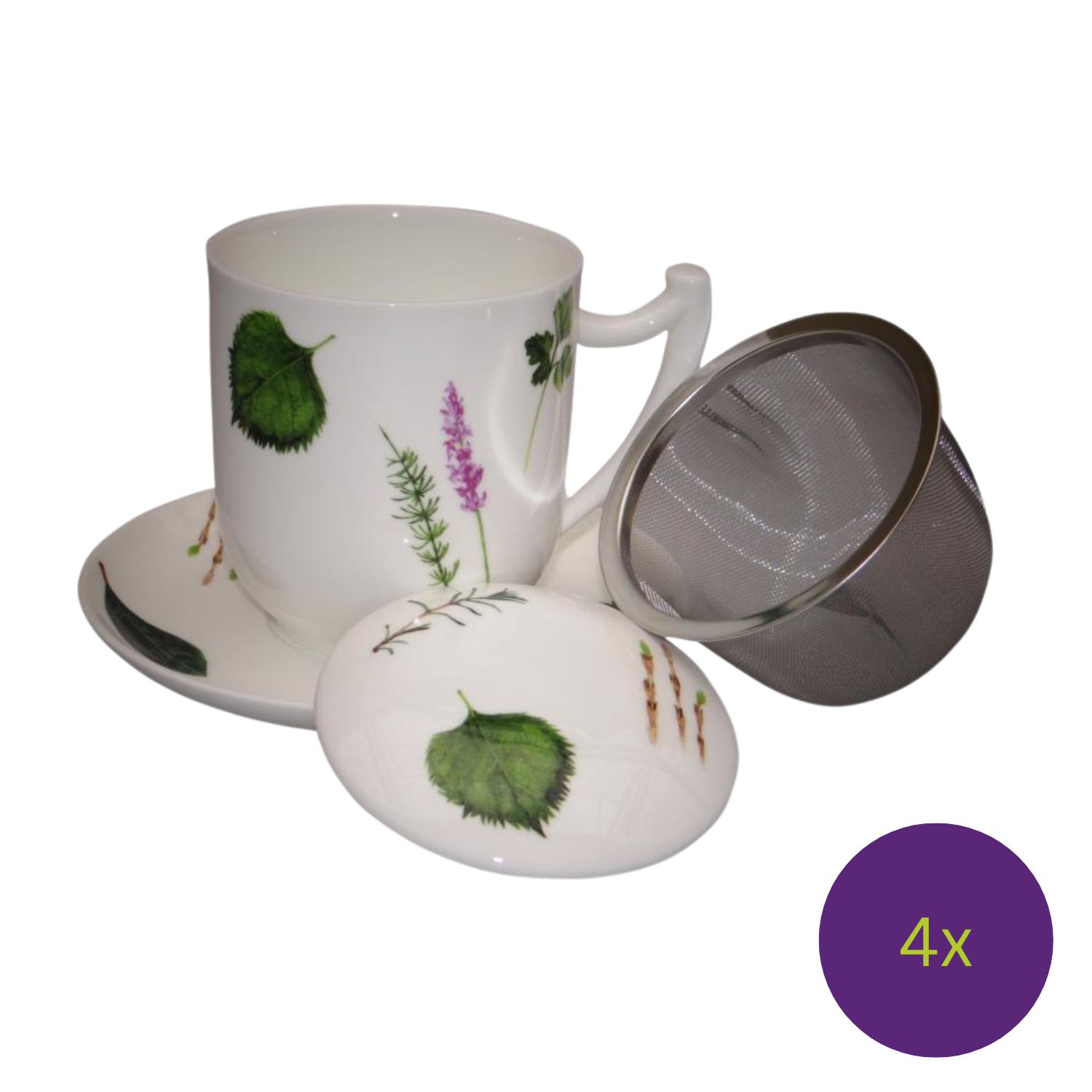 weiße Teetasse mit Untertasse, Sieb und Deckel mit grünem Kräutermotiv 4x