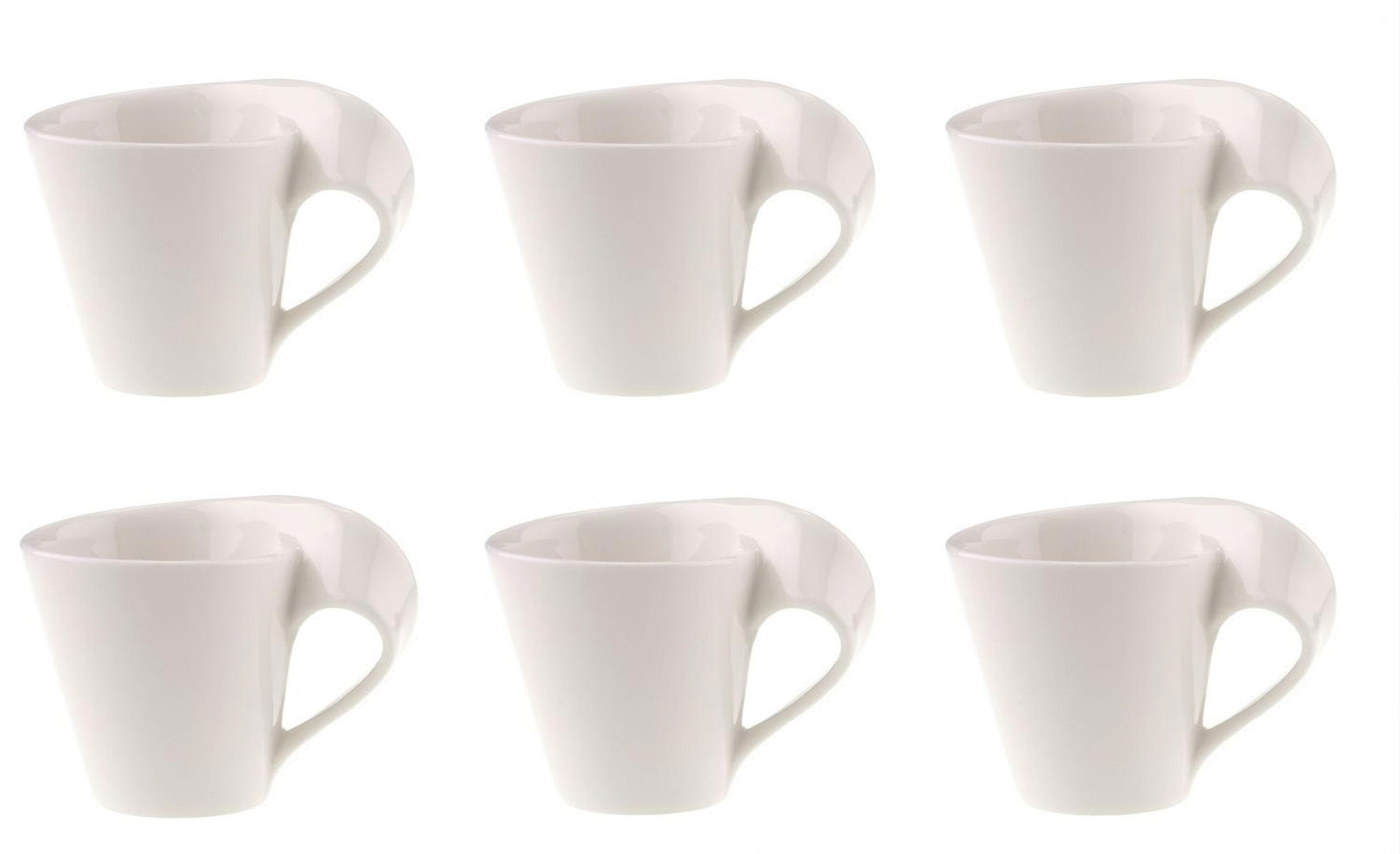 Sechs weiße Tassen in zwei Reihen angeordnet, jede mit einem seitlichen Henkel. Die Tassen sind einheitlich gestaltet.