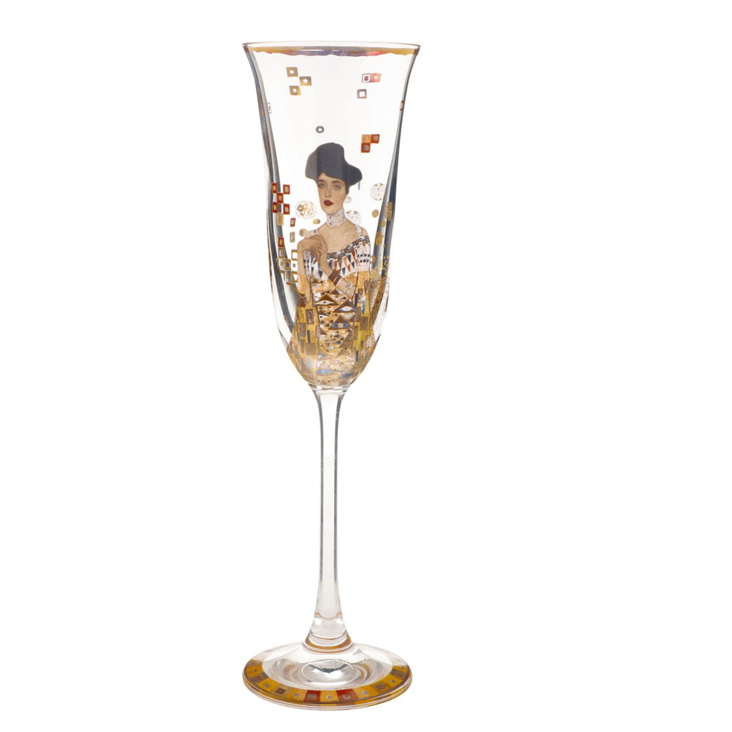 Ein elegantes Sektglas mit kunstvollen Verzierungen und einem Bild im Inneren