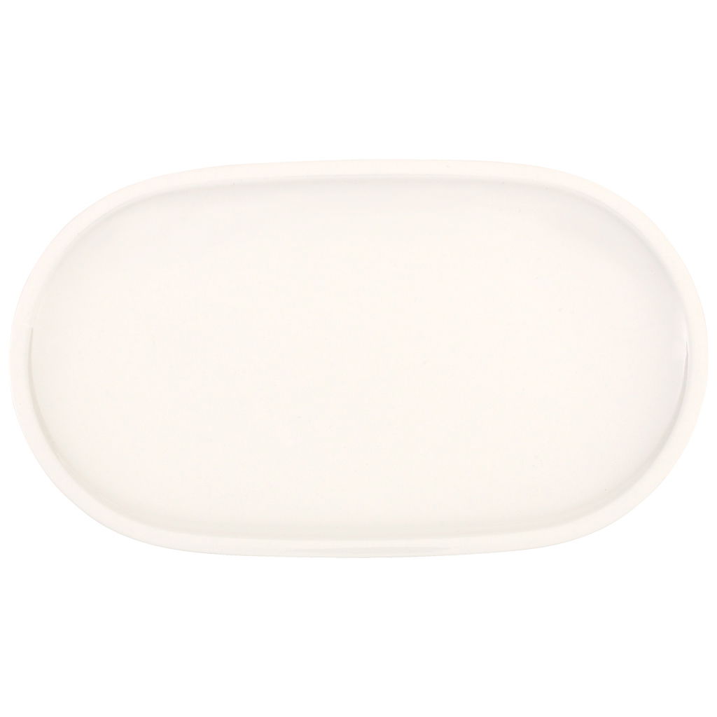 Weißes, ovales Tablett ohne Dekoration, mit leicht erhöhtem Rand.