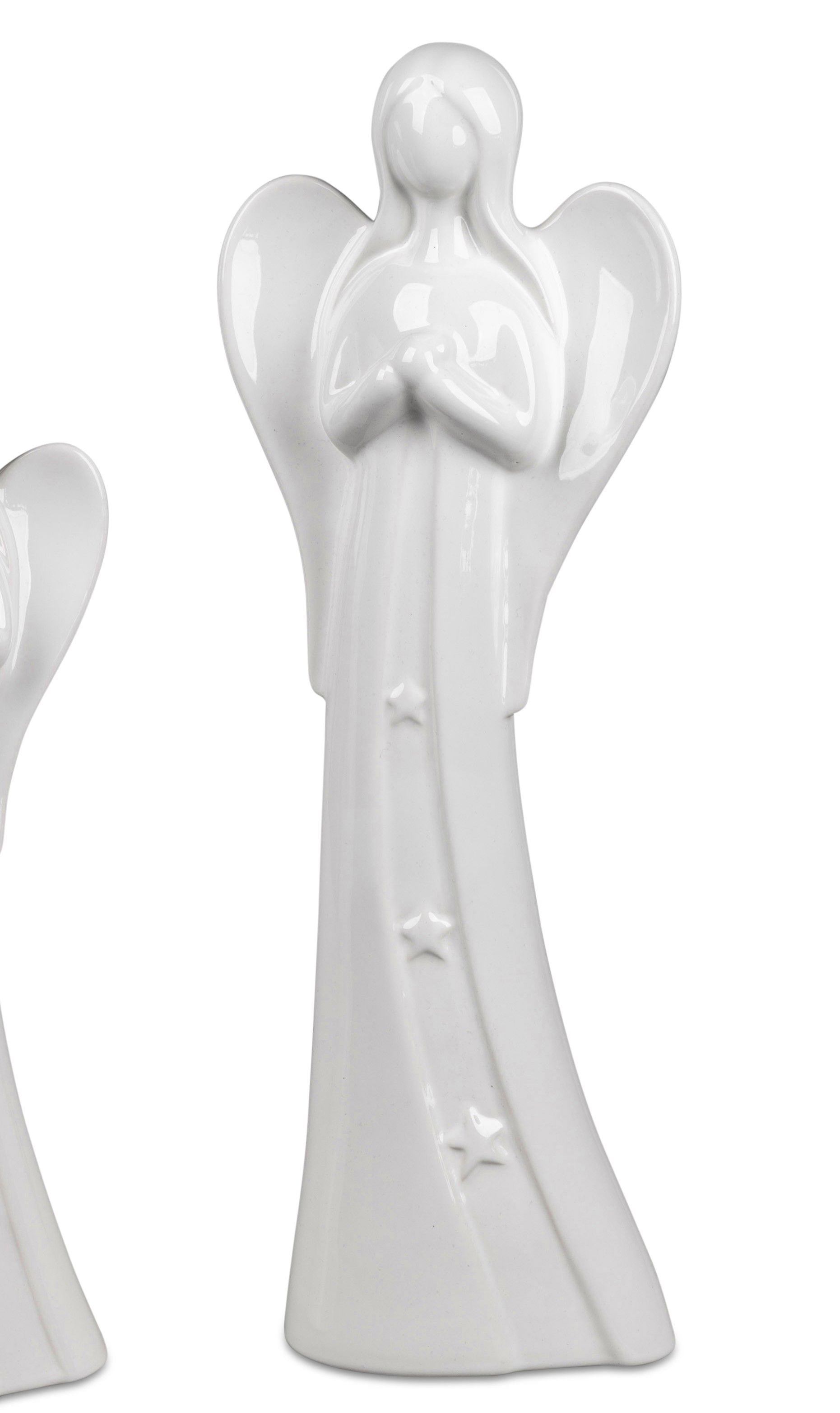 Weißer Engel aus Keramik mit gefalteten Händen und großen Flügeln, verziert mit kleinen Sternen auf