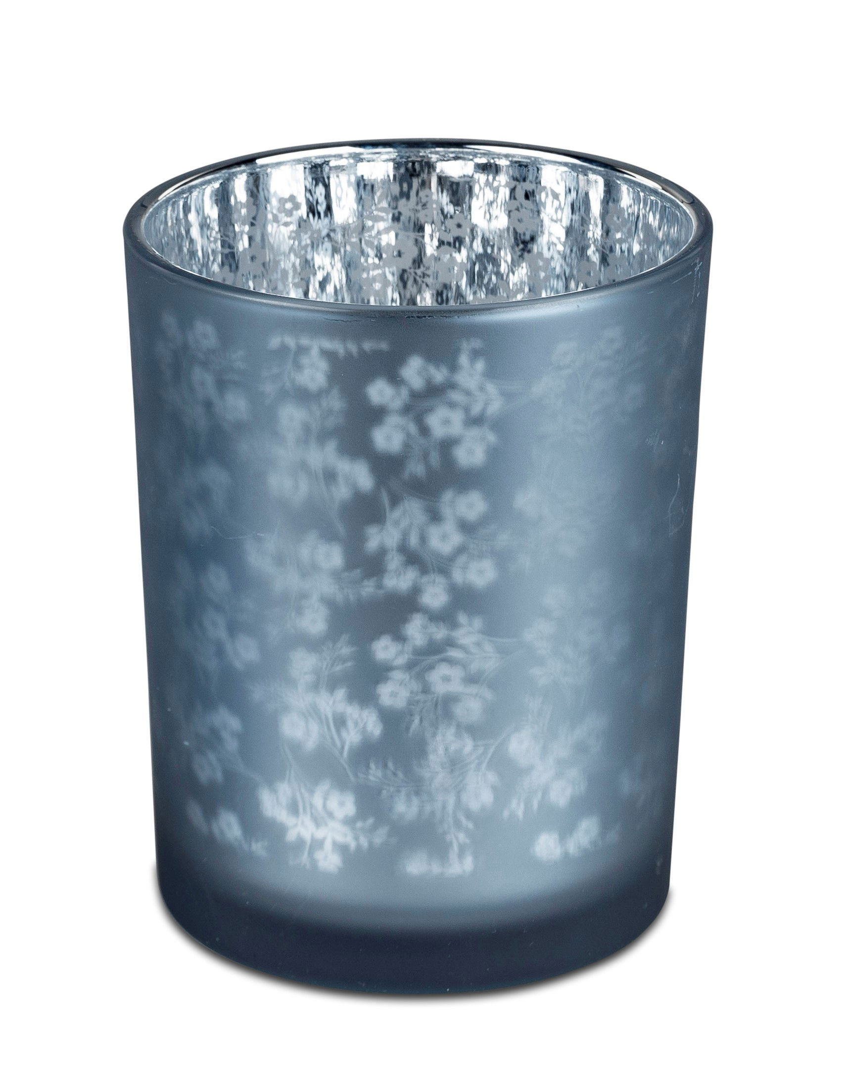 Teelichthalter, Windlicht FLOWERS rund Höhe12,5cm blau silber Glas, von Formano