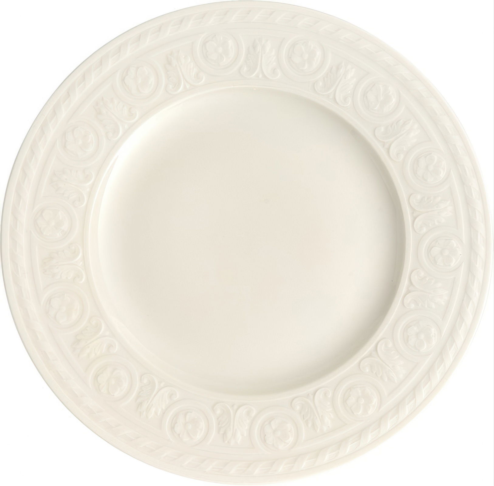 Ein runder, weißer Teller mit einem reliefartigen, dekorativen Rand. Die Oberfläche ist glatt und unifarben.