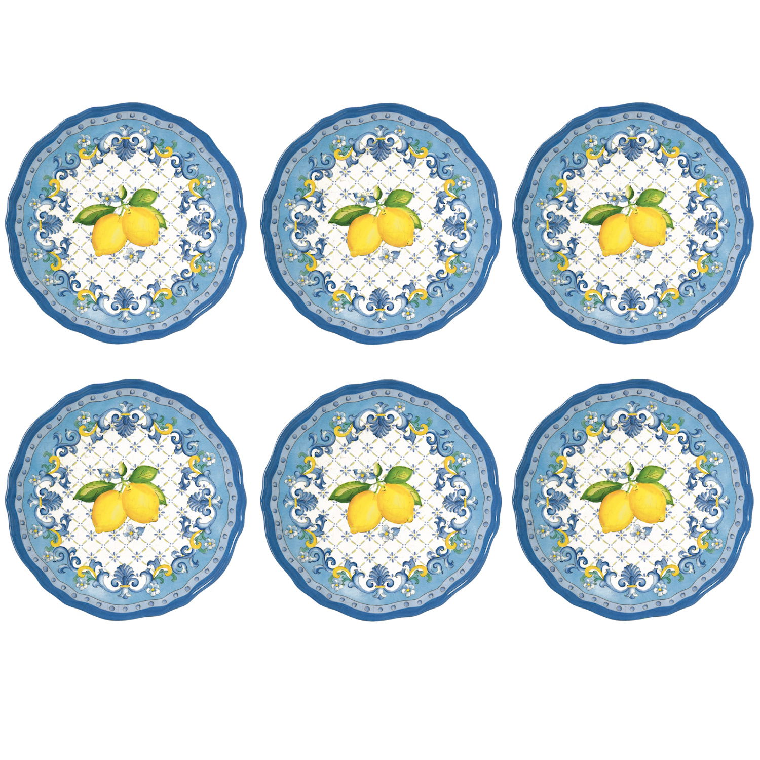 6er Set Frühstücksteller SORRENTO Zitronen,Durchmesser 23,5cm weiß blau gelb von EASY LIFE