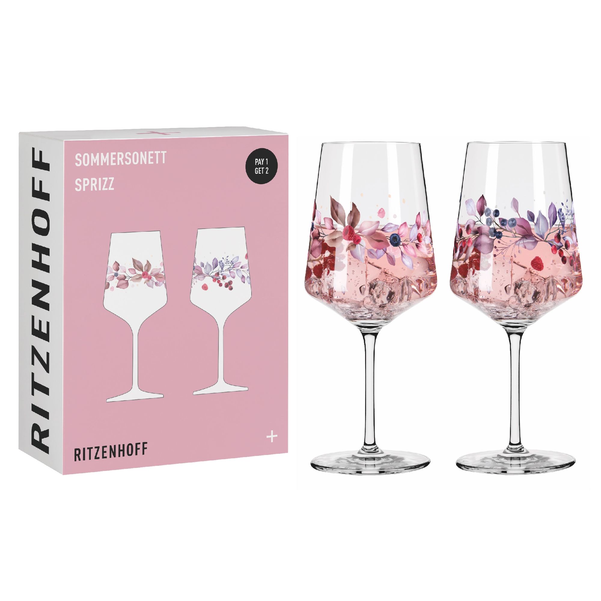 Zwei Weingläser mit floralem Design in Rosa und lila, neben einer Verpackung mit Abbildung der Gläser.