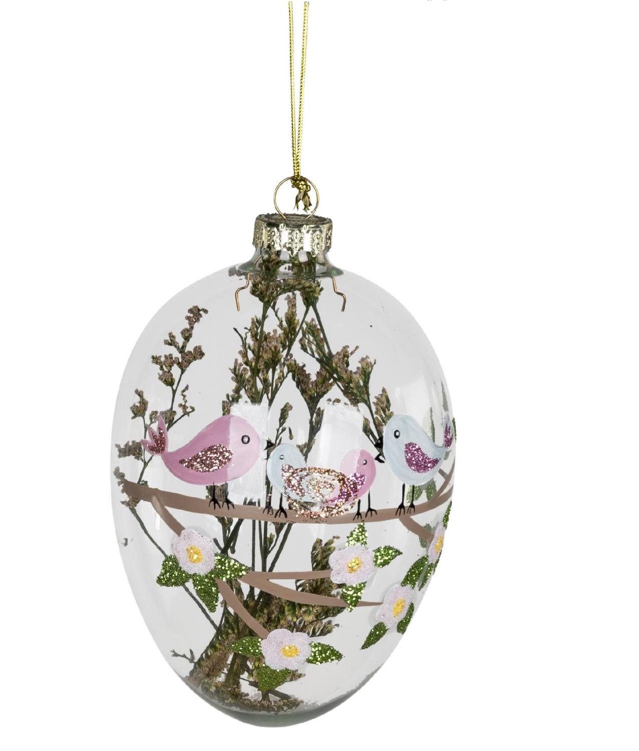Deko Hänger Glas Ei FRÜHLINGSZEIT Höhe 12cm mit Vögelchen, von Formano