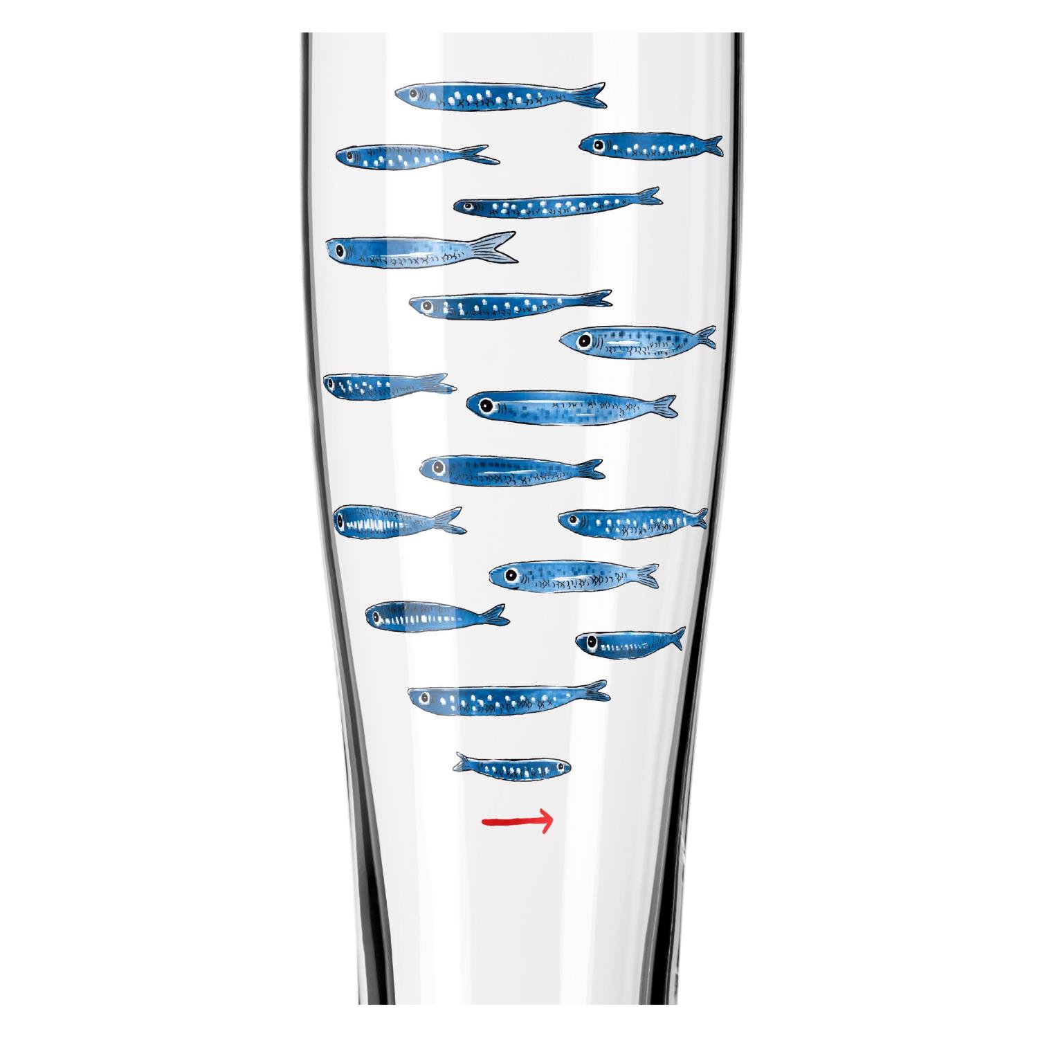 Ein transparentes Glas mit blauen Fischmotiven, die in verschiedenen Positionen angeordnet sind. Ein roter Pfeil zeigt nach rechts.
