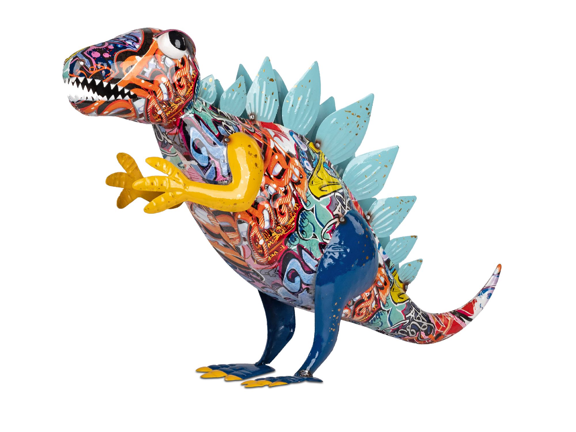 Bunter, stilisierter Dinosaurier mit auffälligen Mustern und blauen Rückenstacheln, steht aufrecht und hat eine gelbe Hand.