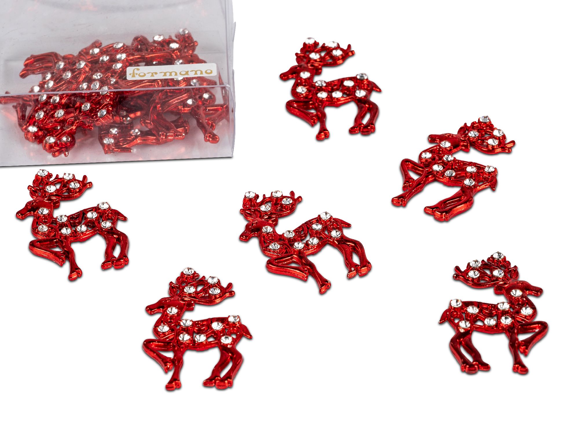 Sechs rote, glitzernde Rentierfiguren aus Kunststoff liegen auf einem weißen Untergrund, daneben ein