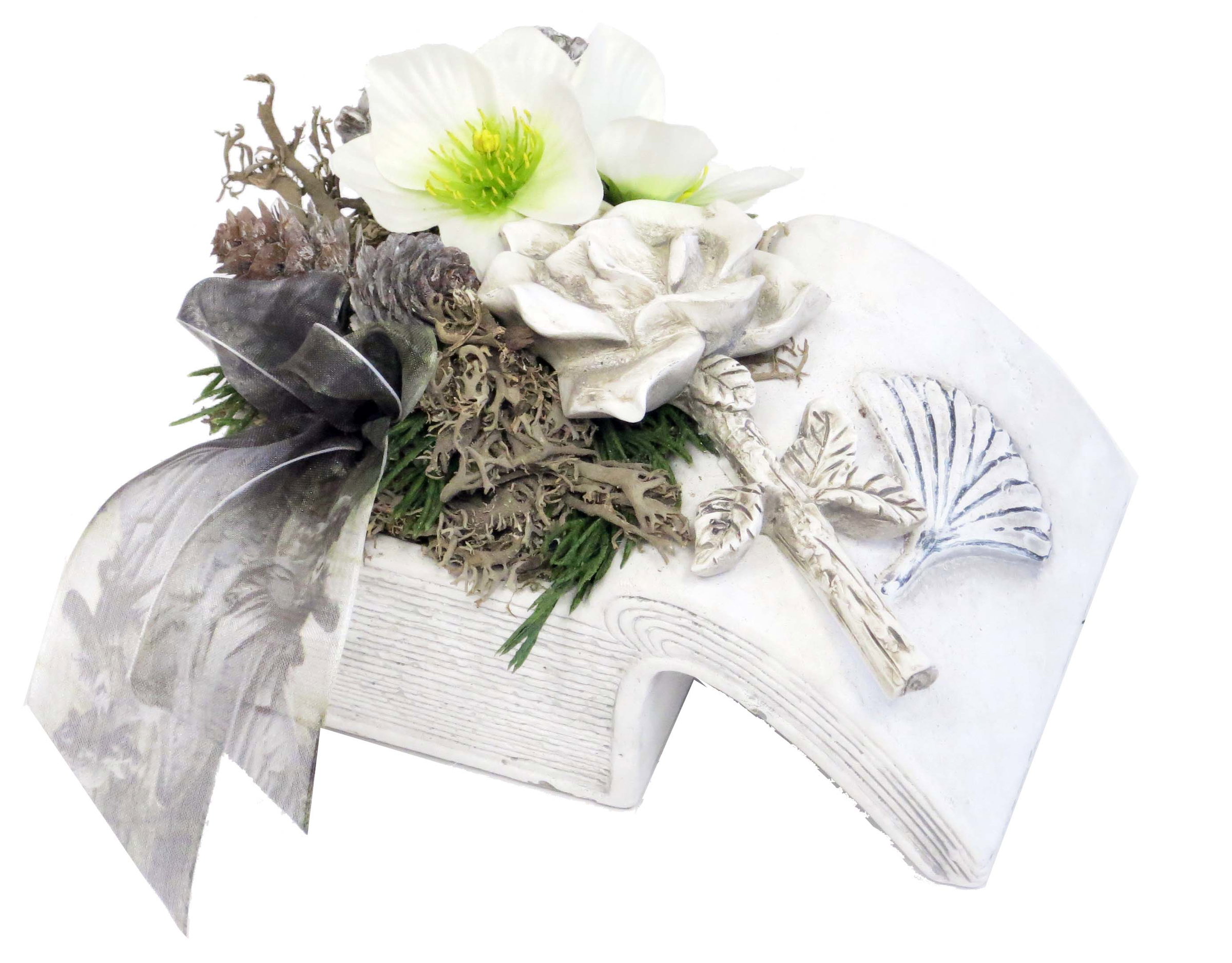 Grabschmuck KERAMIKBUCH mit Christrosen und Poly-Rose, wetterfest CreaFlor Home