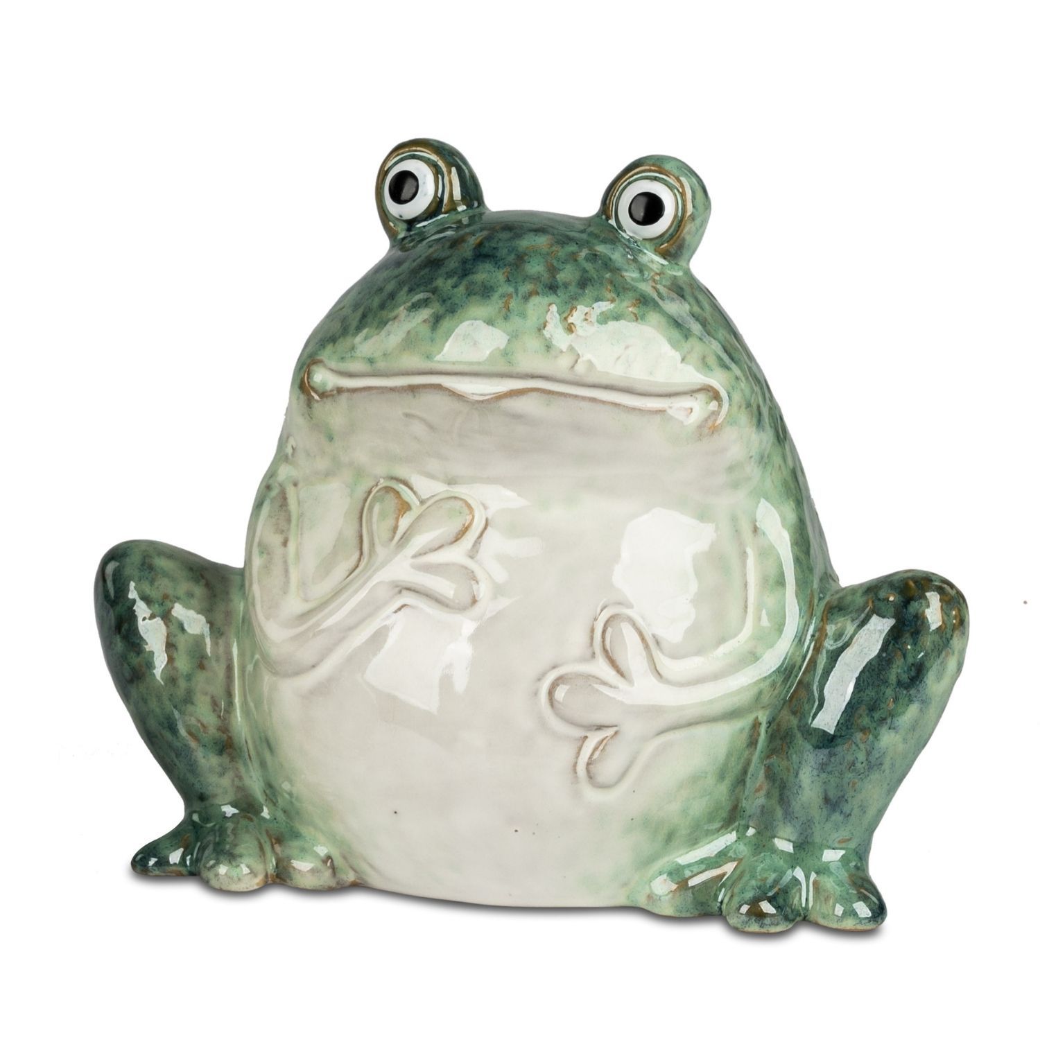 Keramische Froschfigur in Grün und Weiß mit großen Augen vor weißem Hintergrund