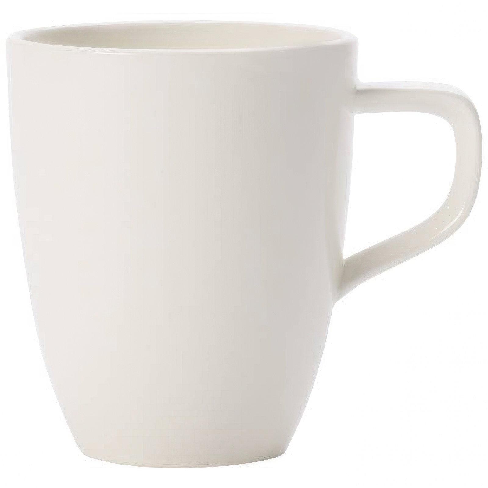 Weißer Kaffeebecher mit einem Henkel, konisch geformt und ohne Muster.