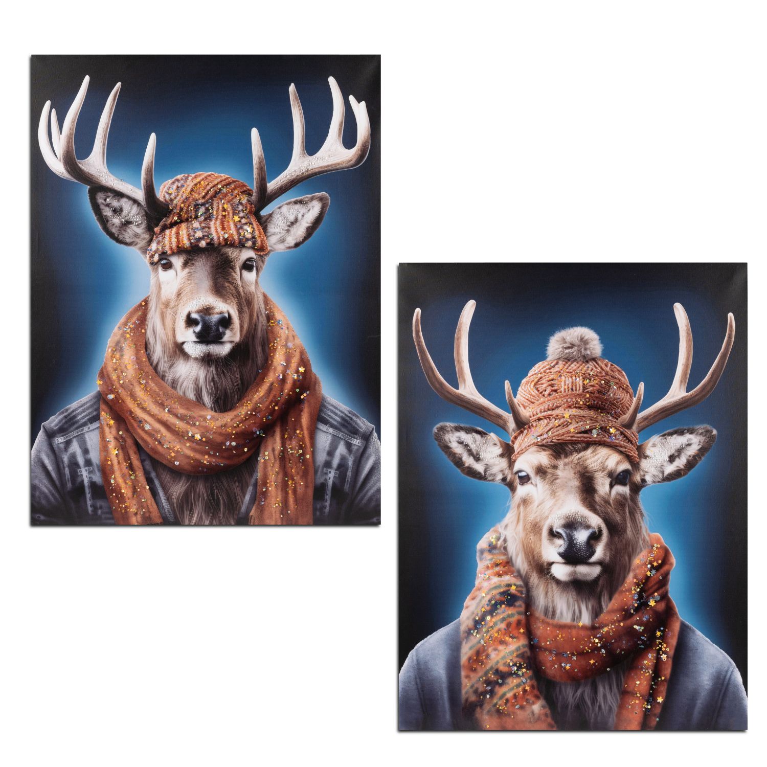 2er Set Wandbilder Hirsch mit Mütze auf Leinwand 80x60cm Formano