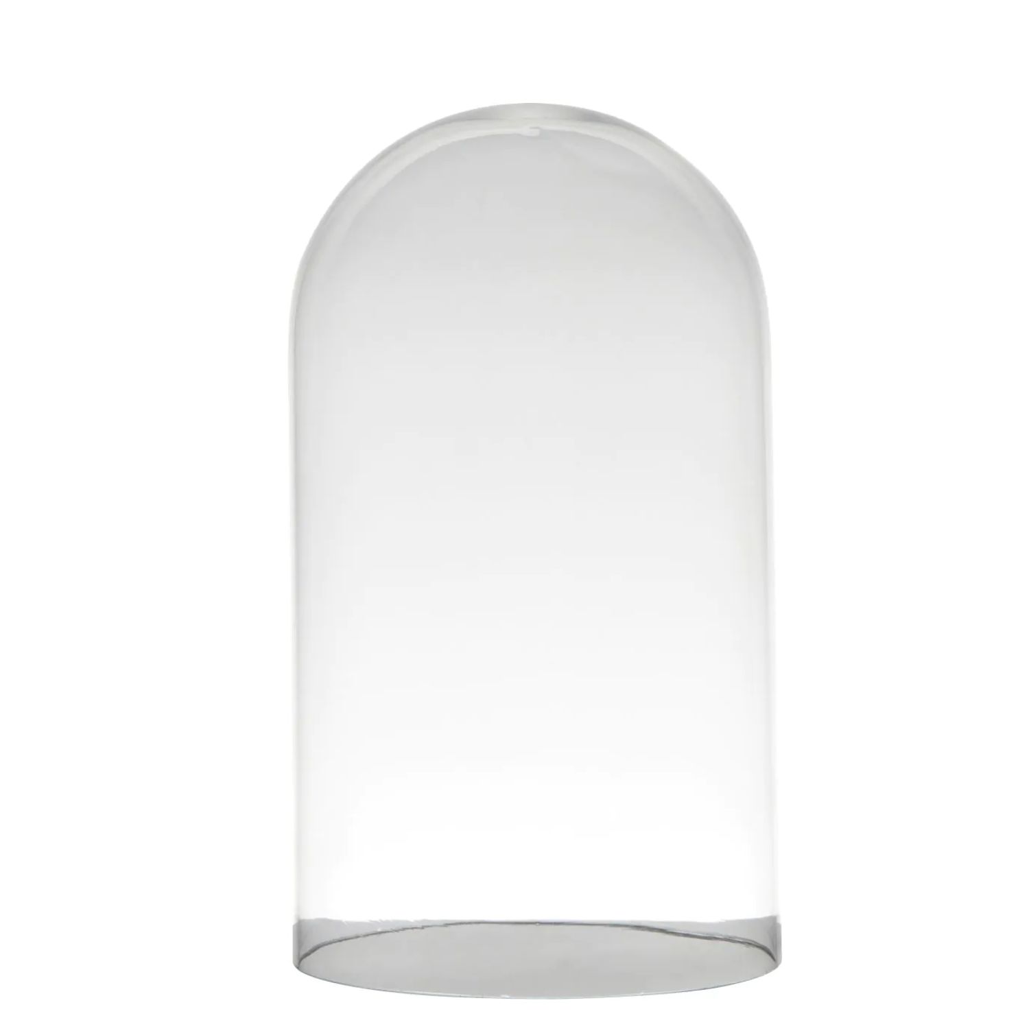 Transparente Glaskuppel mit gewölbtem Dach und flachem Boden, auf einem neutralen Hintergrund.