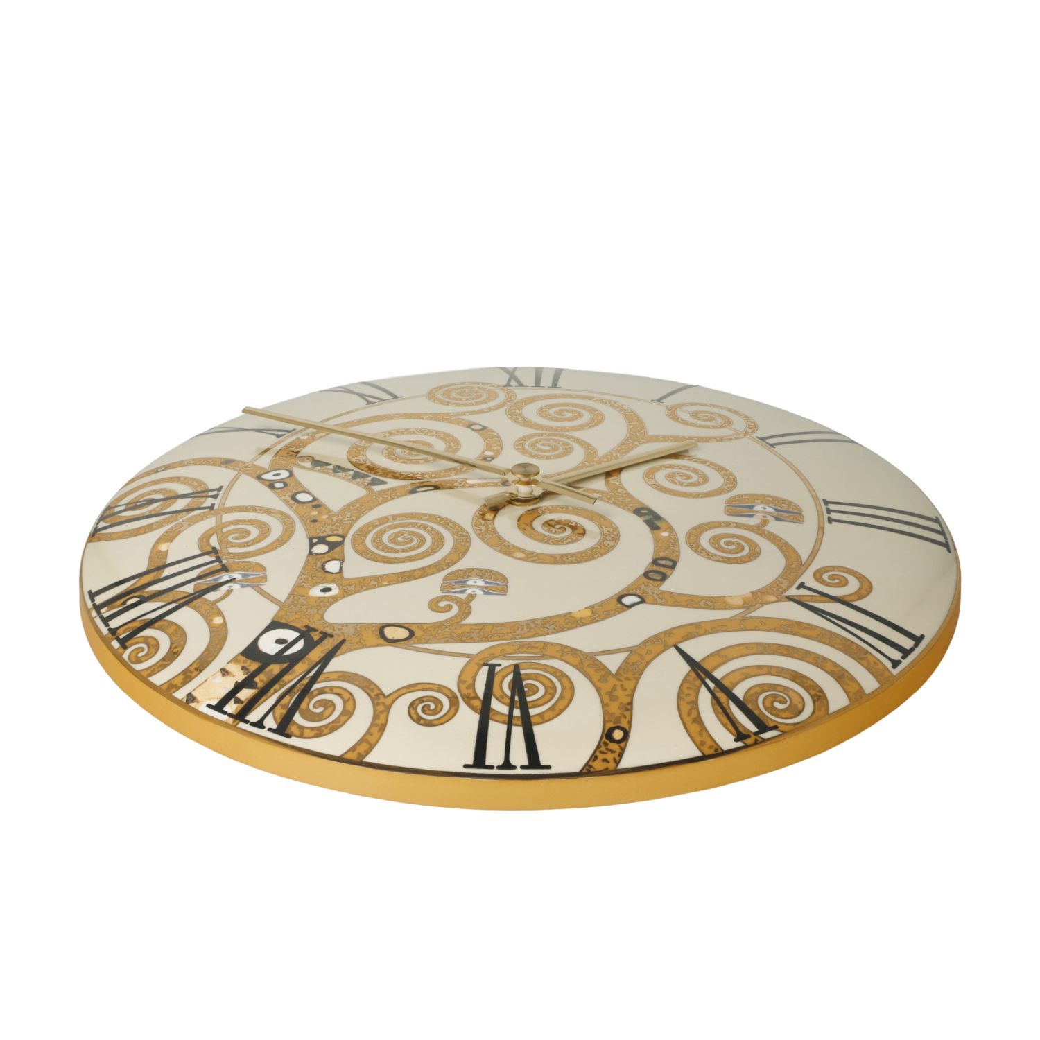 Runde Wanduhr mit goldenen Spiralmustern und römischen Ziffern, goldene Zeiger auf Cremegrund