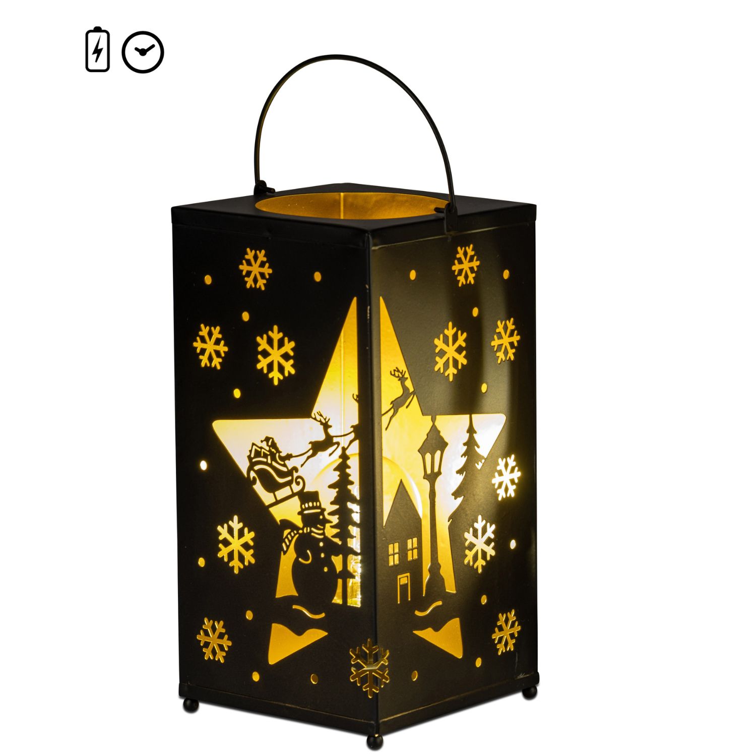 Schwarze Laterne mit warmem Licht, Sternausschnitt sowie winterlichen Motiven und Schneeflocken