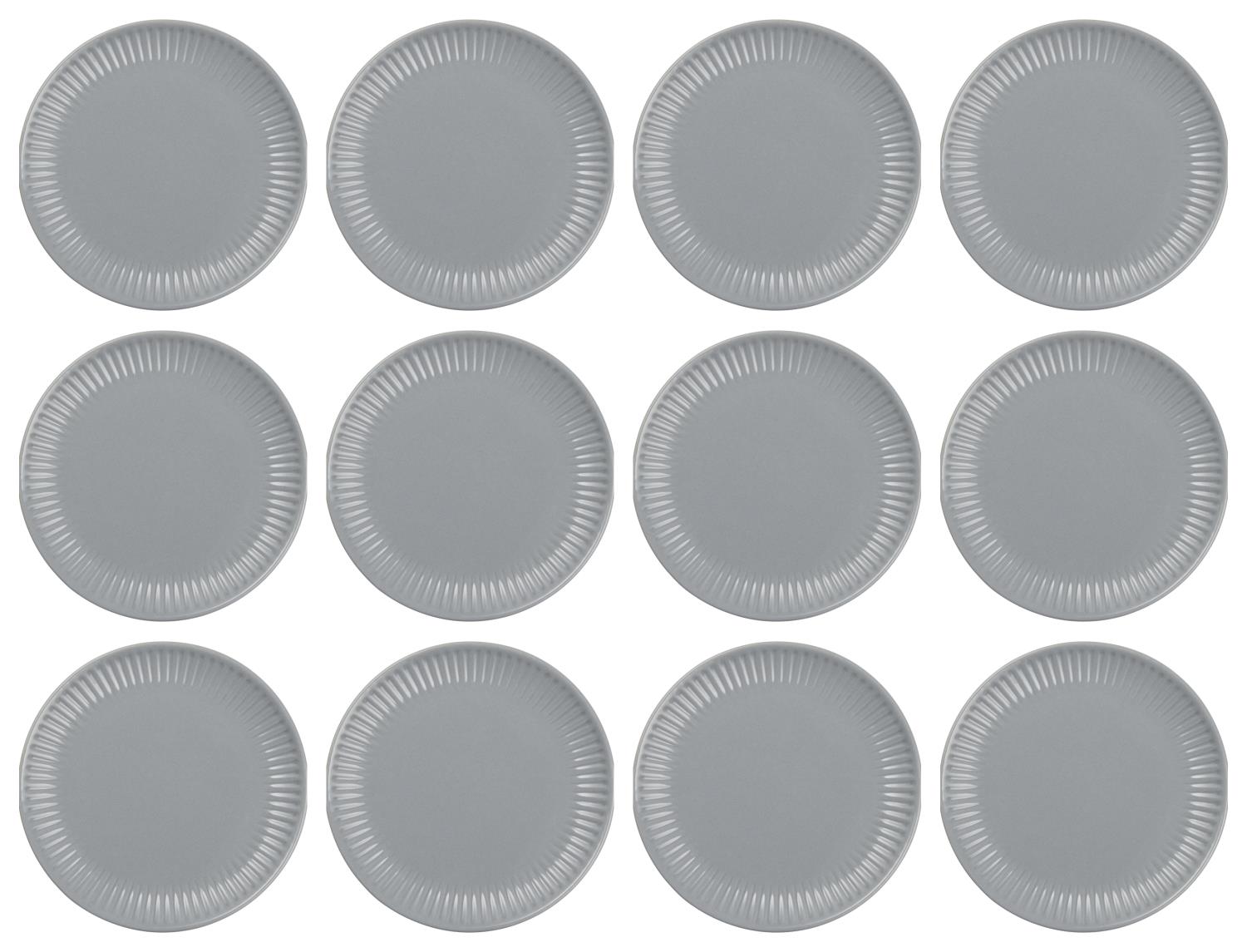 Zwölf graue Pappteller in einem 3x4-Raster angeordnet, mit gewelltem Rand.