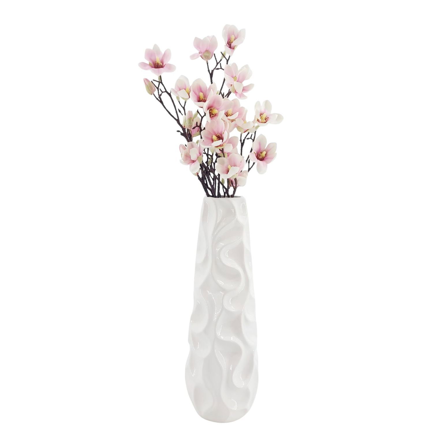 Weiße Vase mit pinken Blüten und schwarzen Zweigen