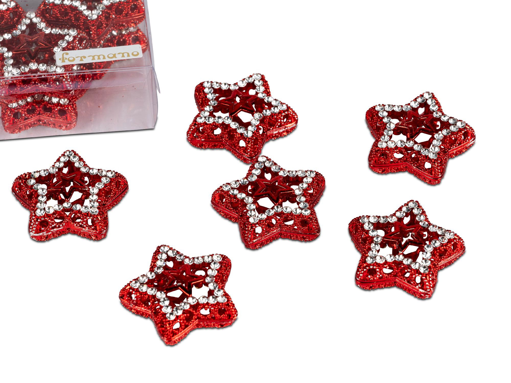 Fünf rote, glitzernde Sternchen aus Kunststoff mit Strasssteinen, teilweise in einer transparenten V