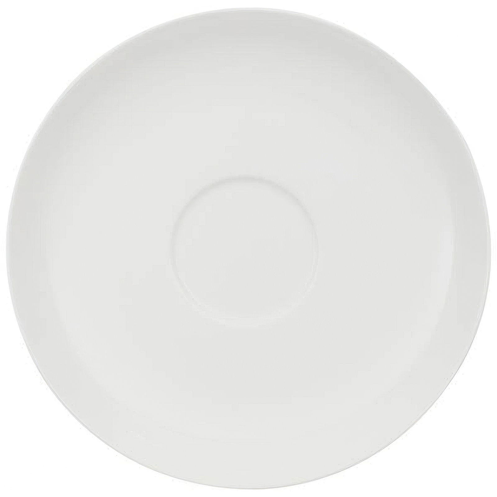 Weißer, runder Teller mit leicht vertieftem Zentrum und glatter Oberfläche.