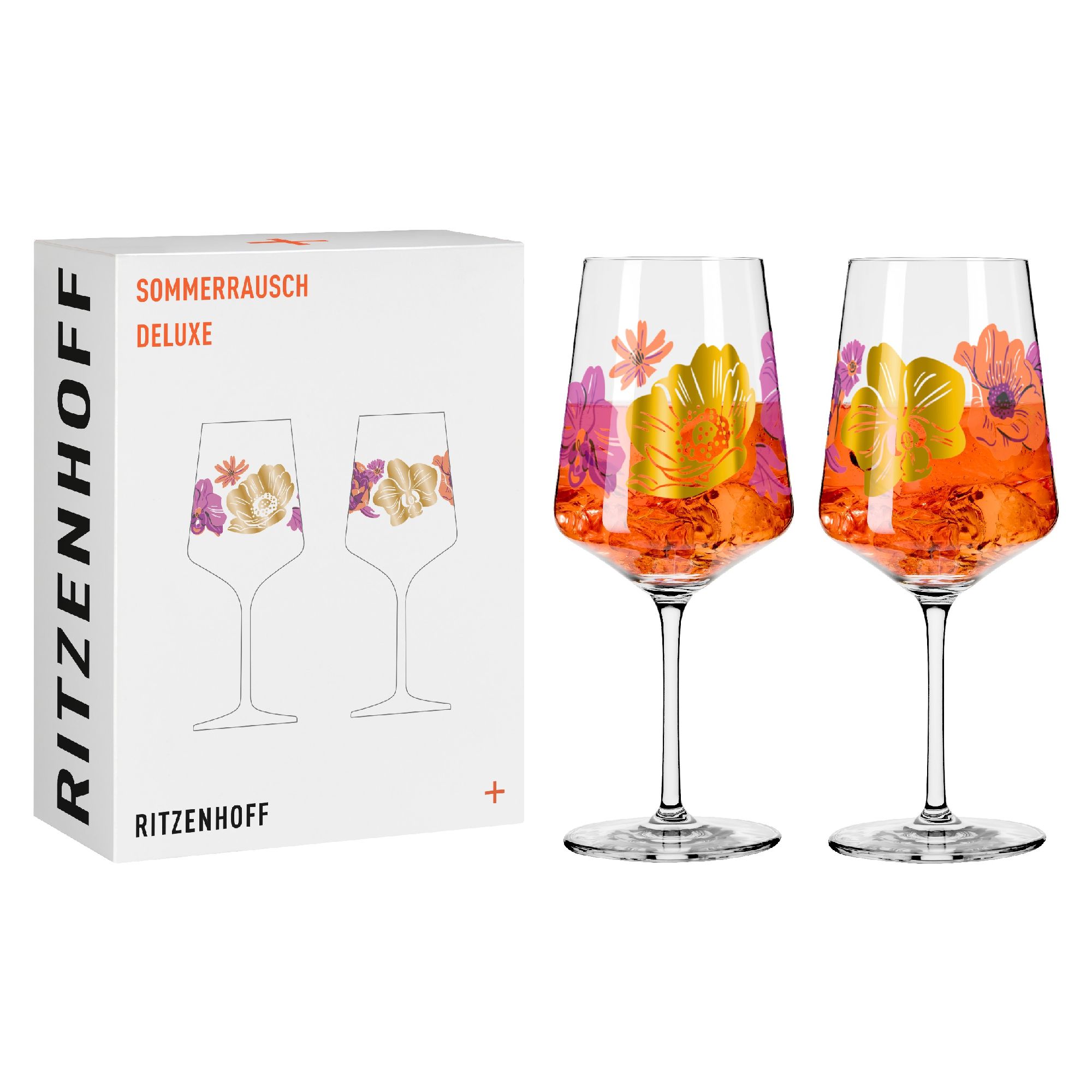 Zwei Weingläser mit bunten, floralem Design stehen neben einer Verpackung mit dem Schriftzug „Sommerrausch Deluxe“.