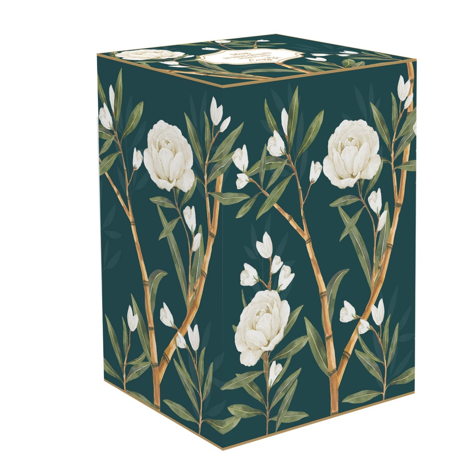 Dekorative Box mit weißen Blumen und grünem Hintergrund