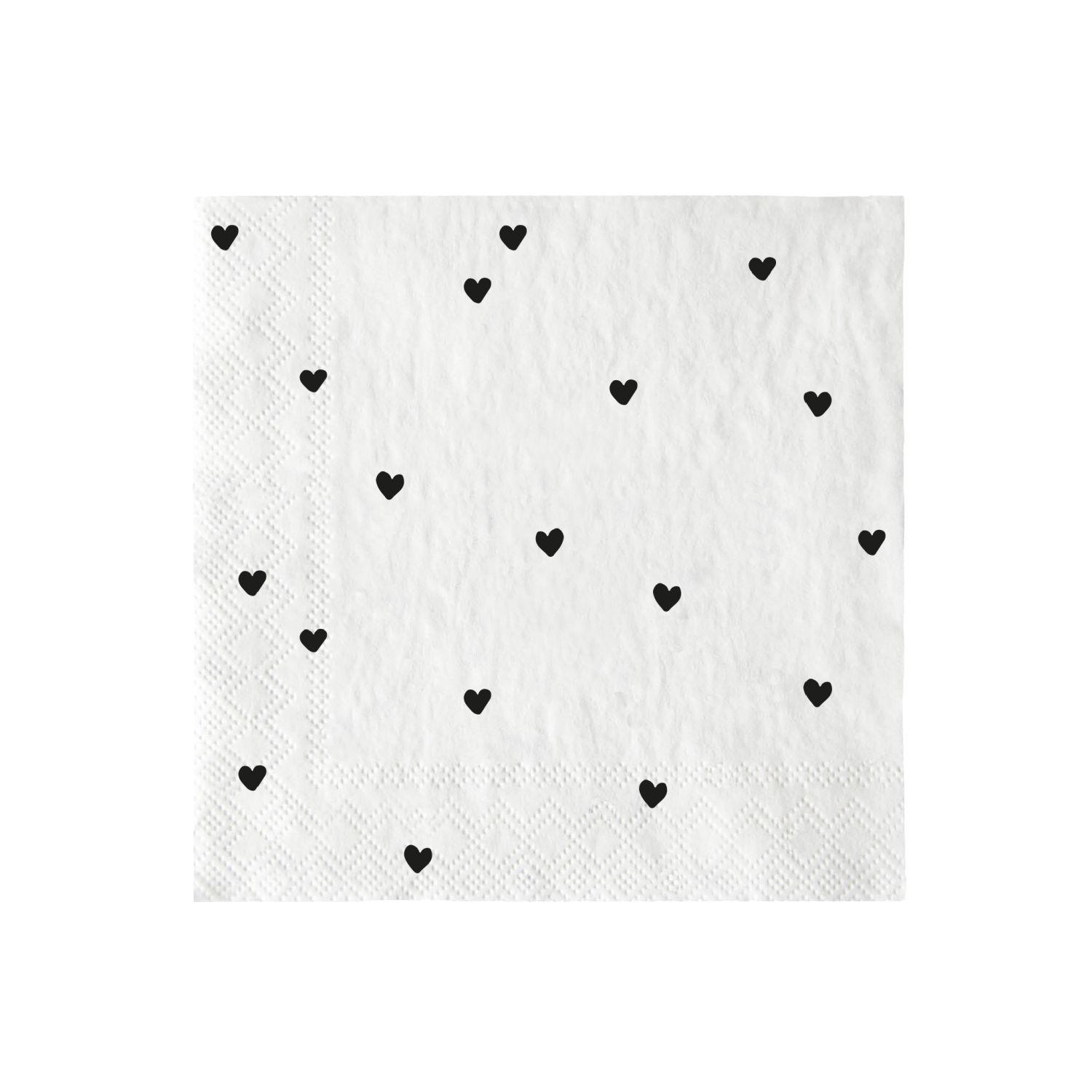 Serviette mit schwarzen Herzen auf weißem Hintergrund