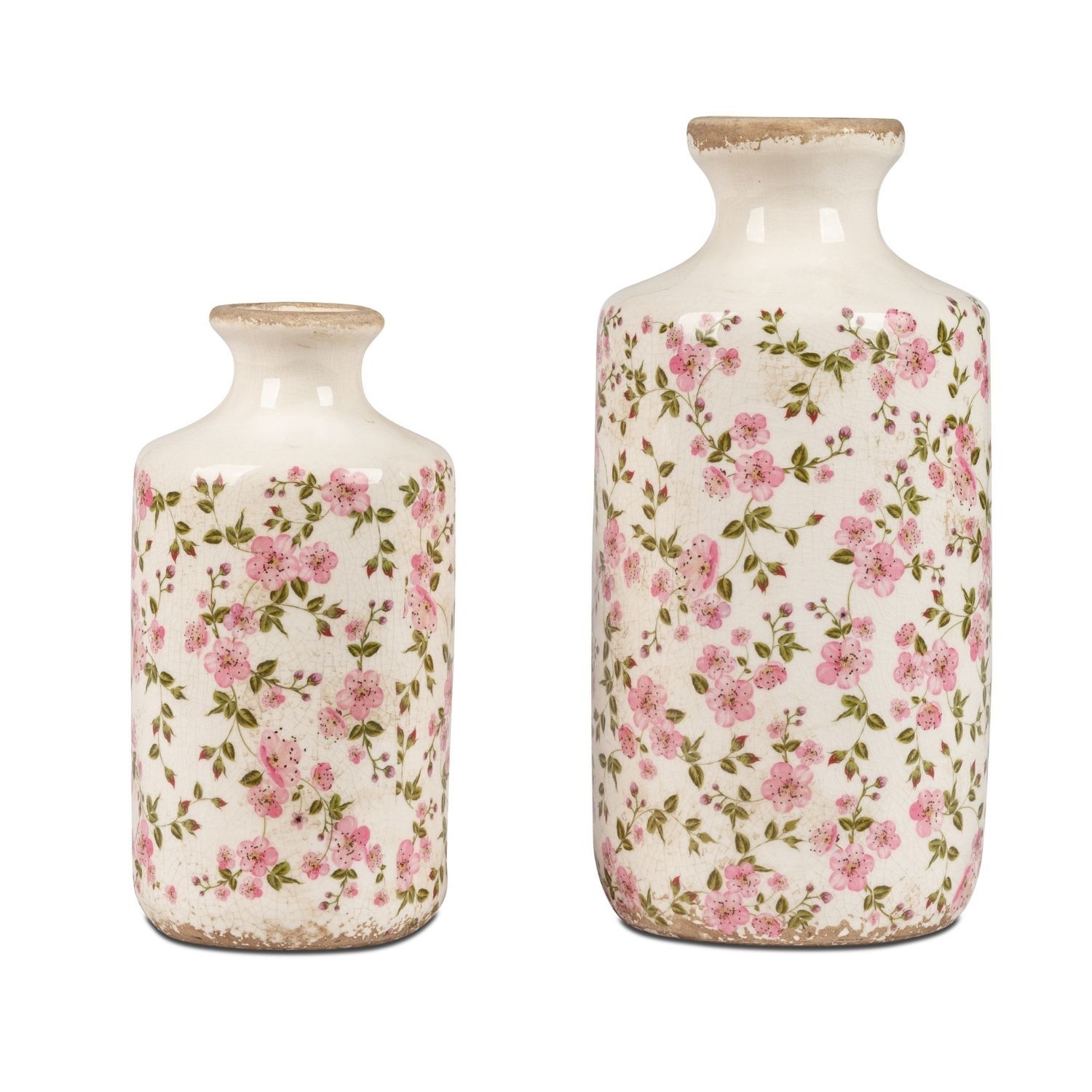 Zwei weiße Keramikvasen mit rosa Blumenmuster, eine kleiner, eine größer, vor weißem Hintergrund