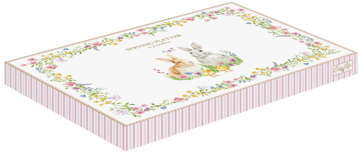Verpackung eines Servierplatten-Sets mit bunten Blumen und zwei Hasenmotiven auf der Vorderseite.