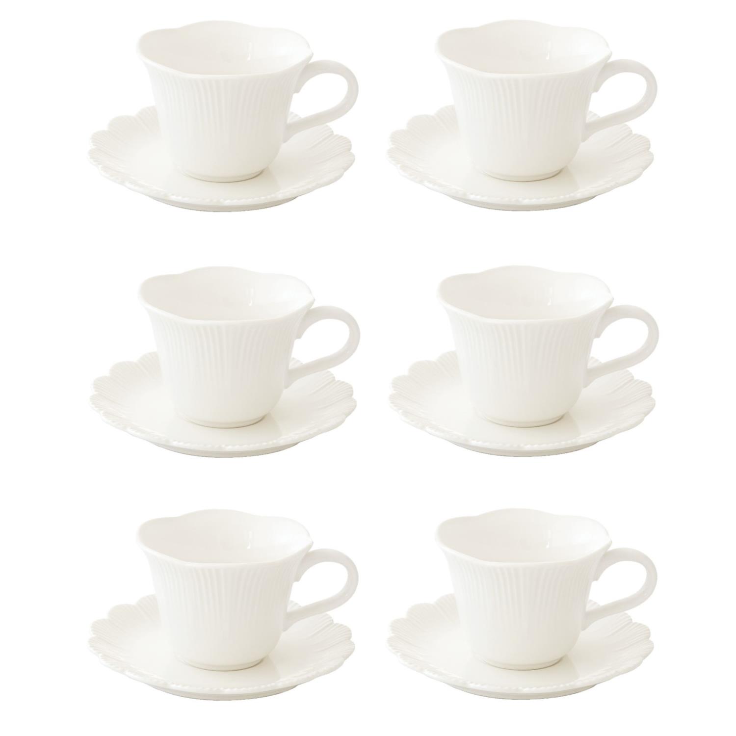 6er Set Becher FLEURI BIANCO Wellendekor für 320ml weiß Porzellan Easy Life