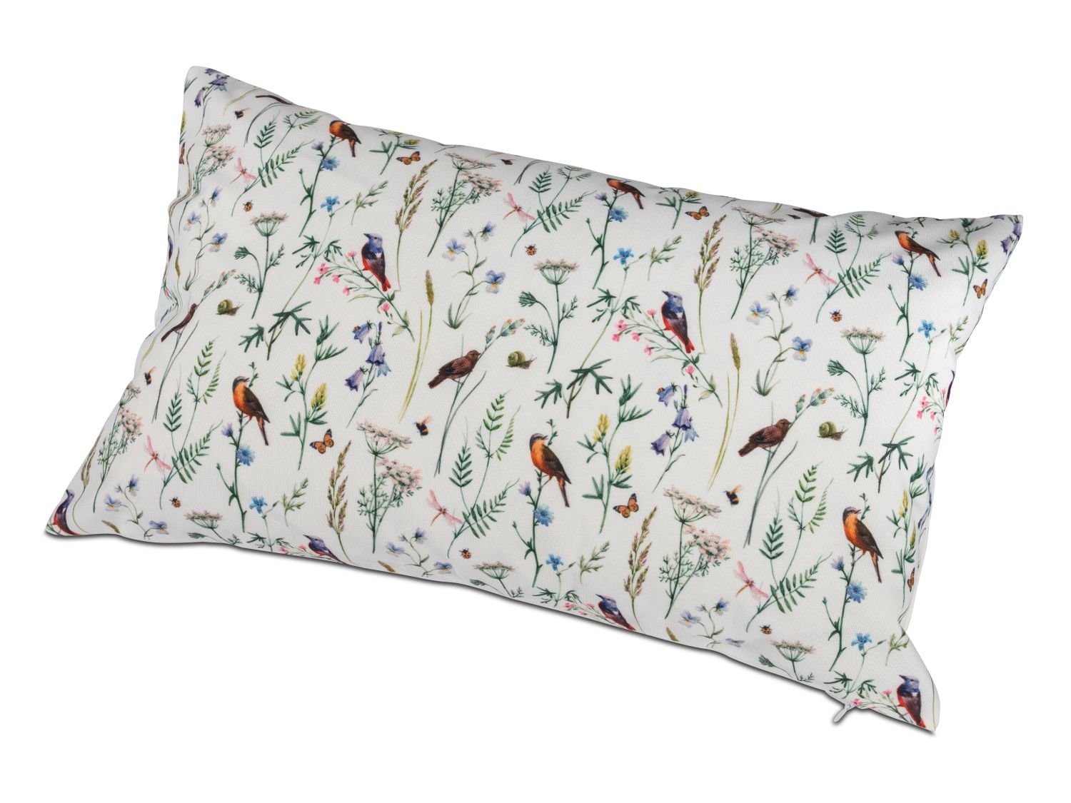 Kissen mit buntem Blumen- und Vogelmotiv auf hellem Hintergrund