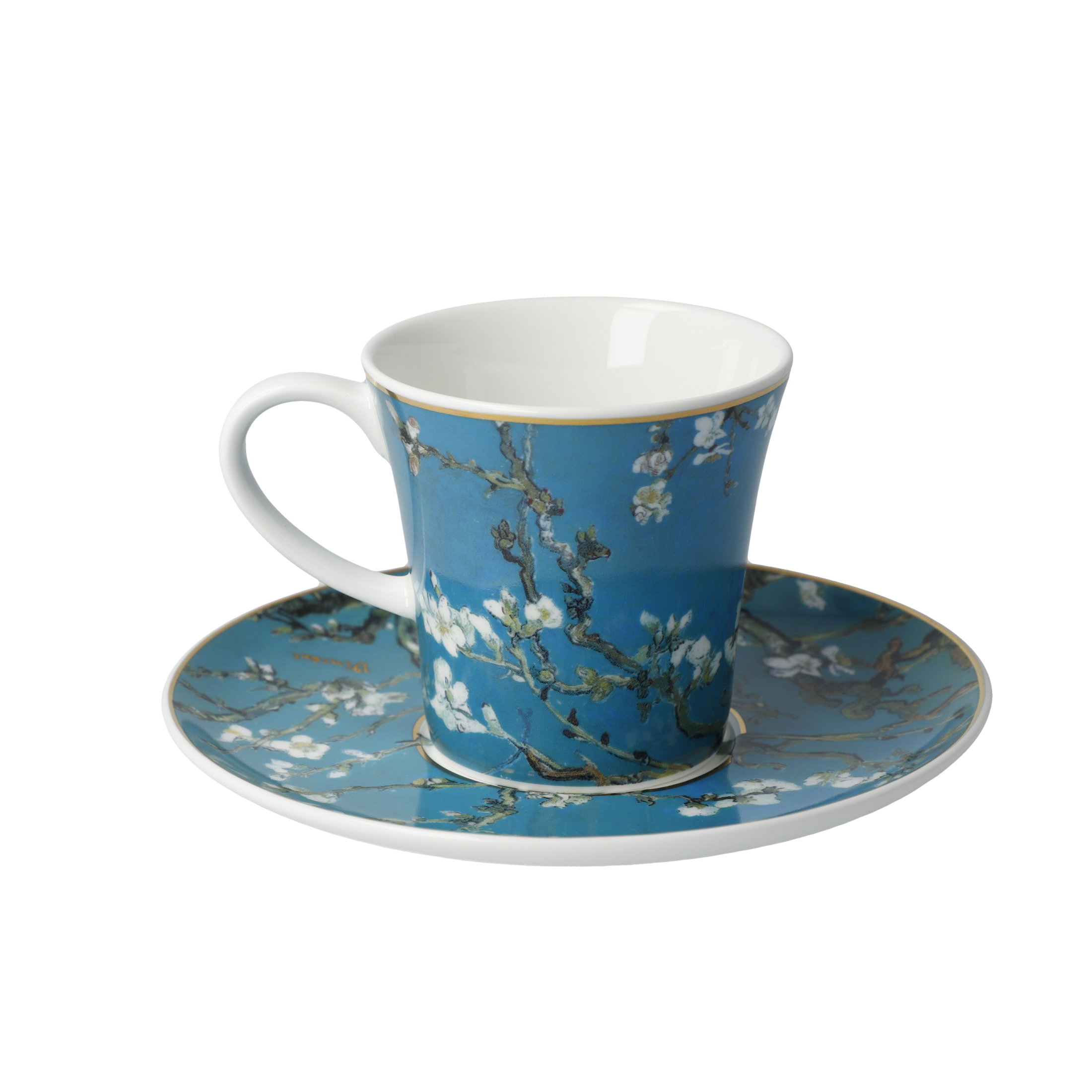 Tasse mit Untertasse in Blau, verziert mit weißen Blüten und goldenen Akzenten. Die Tasse hat einen