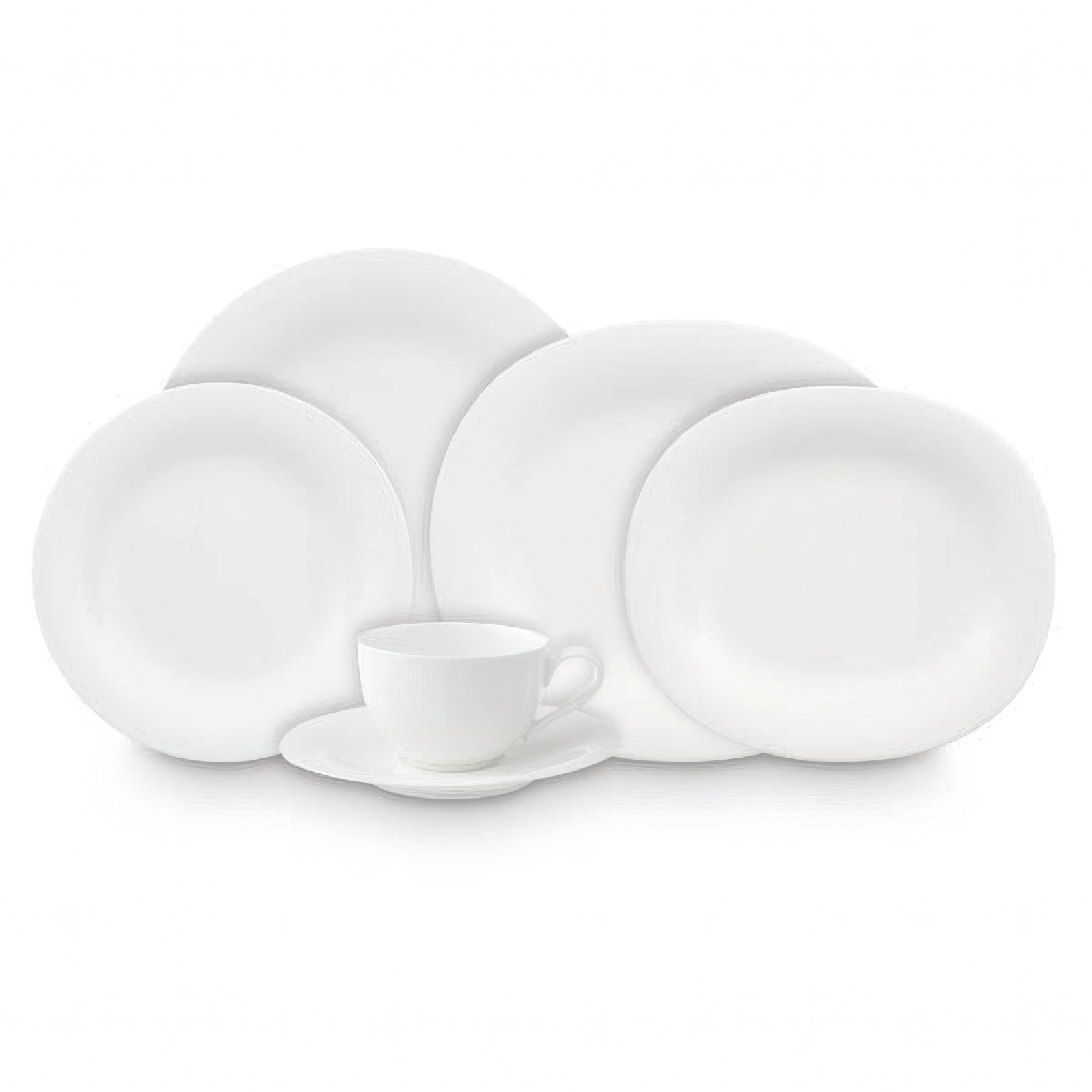 Weißes Geschirrset mit mehreren Tellern und einer Tasse auf einem Unterteller. Alle Teile sind schlicht und ohne Muster.