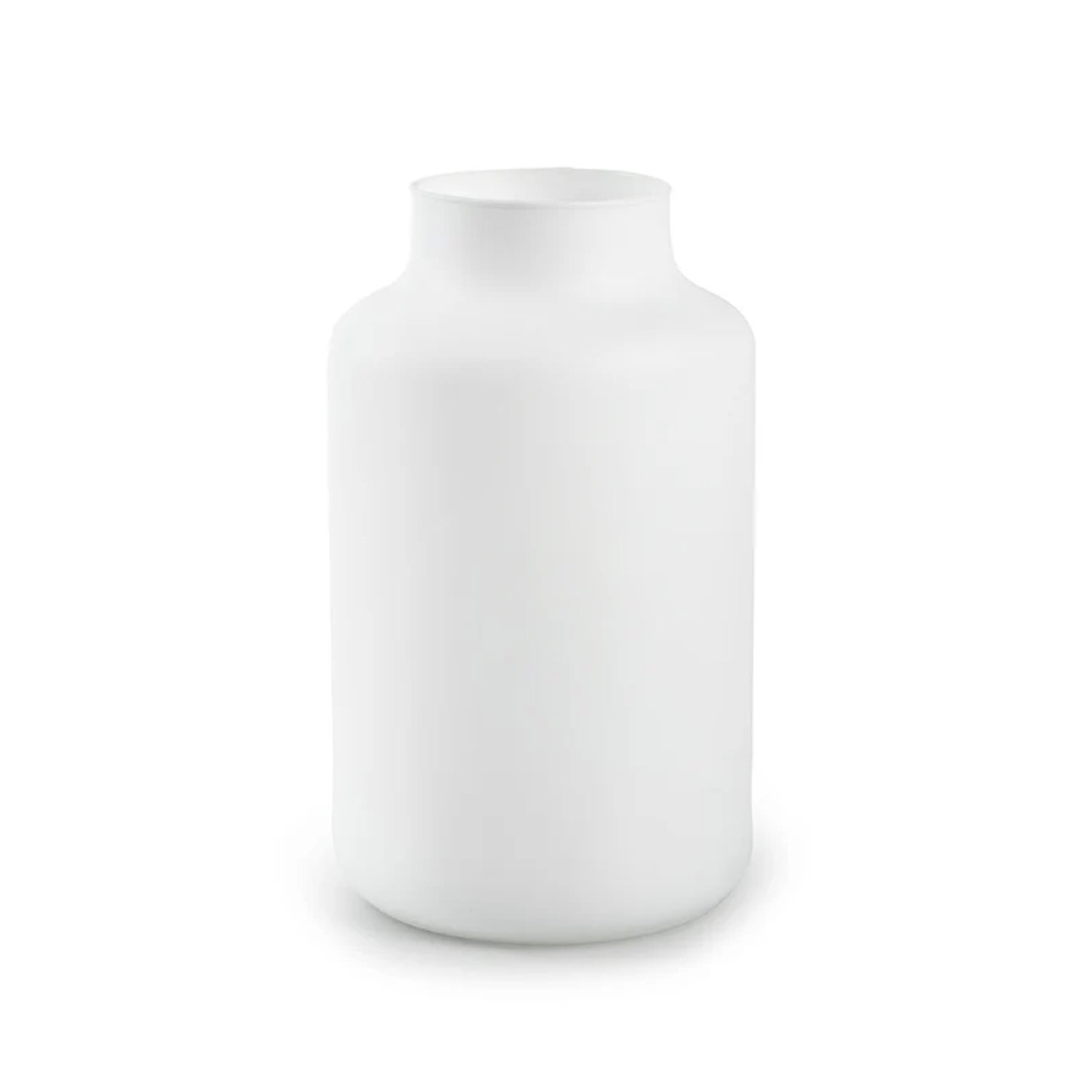 Weiße, zylindrische Vase mit schmalem Hals, ohne Dekoration und auf einem neutralen Hintergrund.
