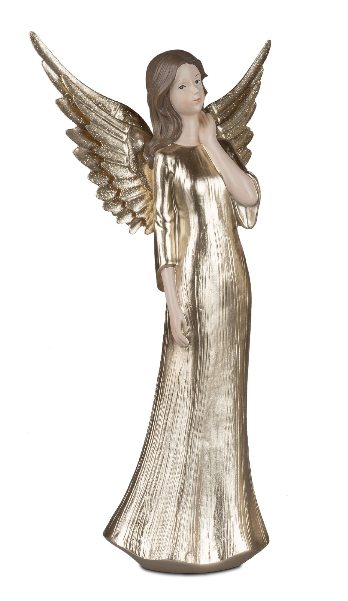 Eine goldene Engelstatue mit langen Flügeln und einem langen Kleid, die eine nachdenkliche Pose einn