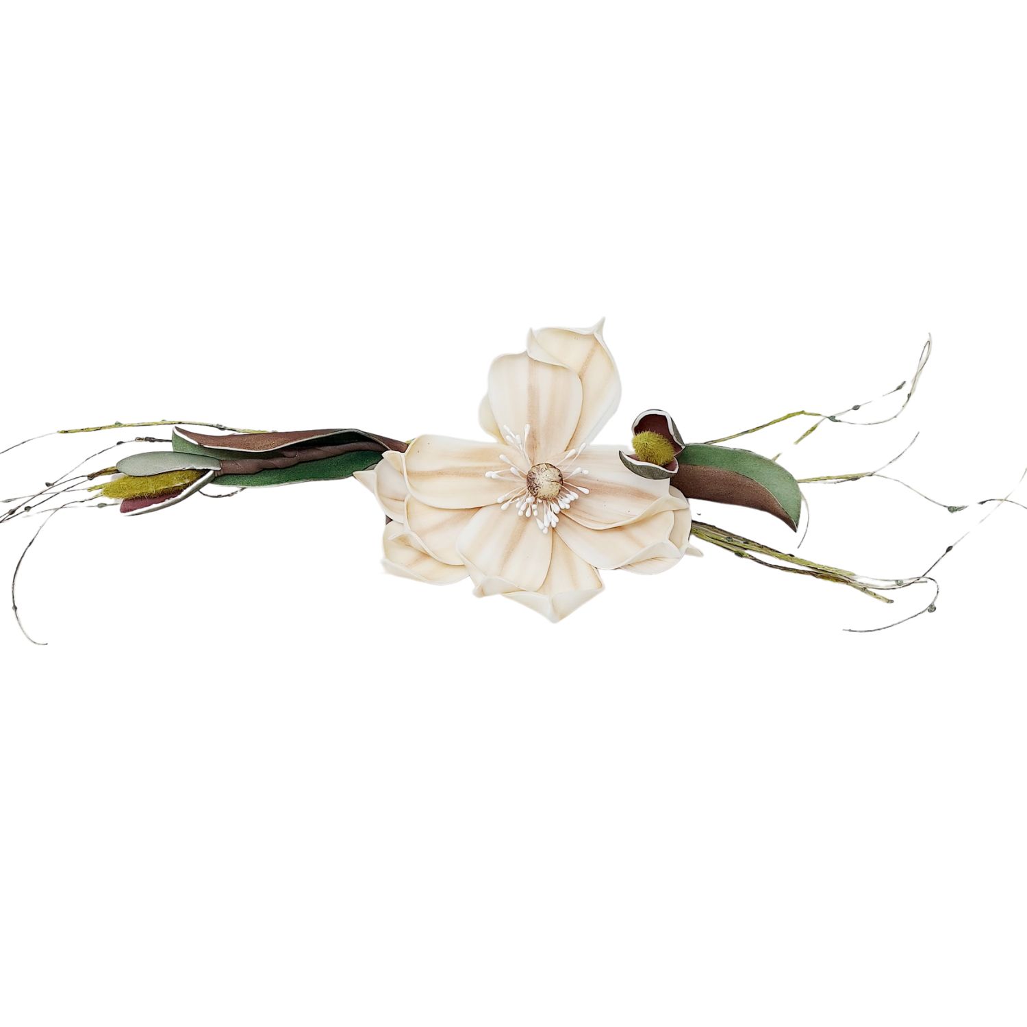 Beige Blüte mit vielen Blütenblättern, grünen Blättern und feinen Zweigen auf Weiß
