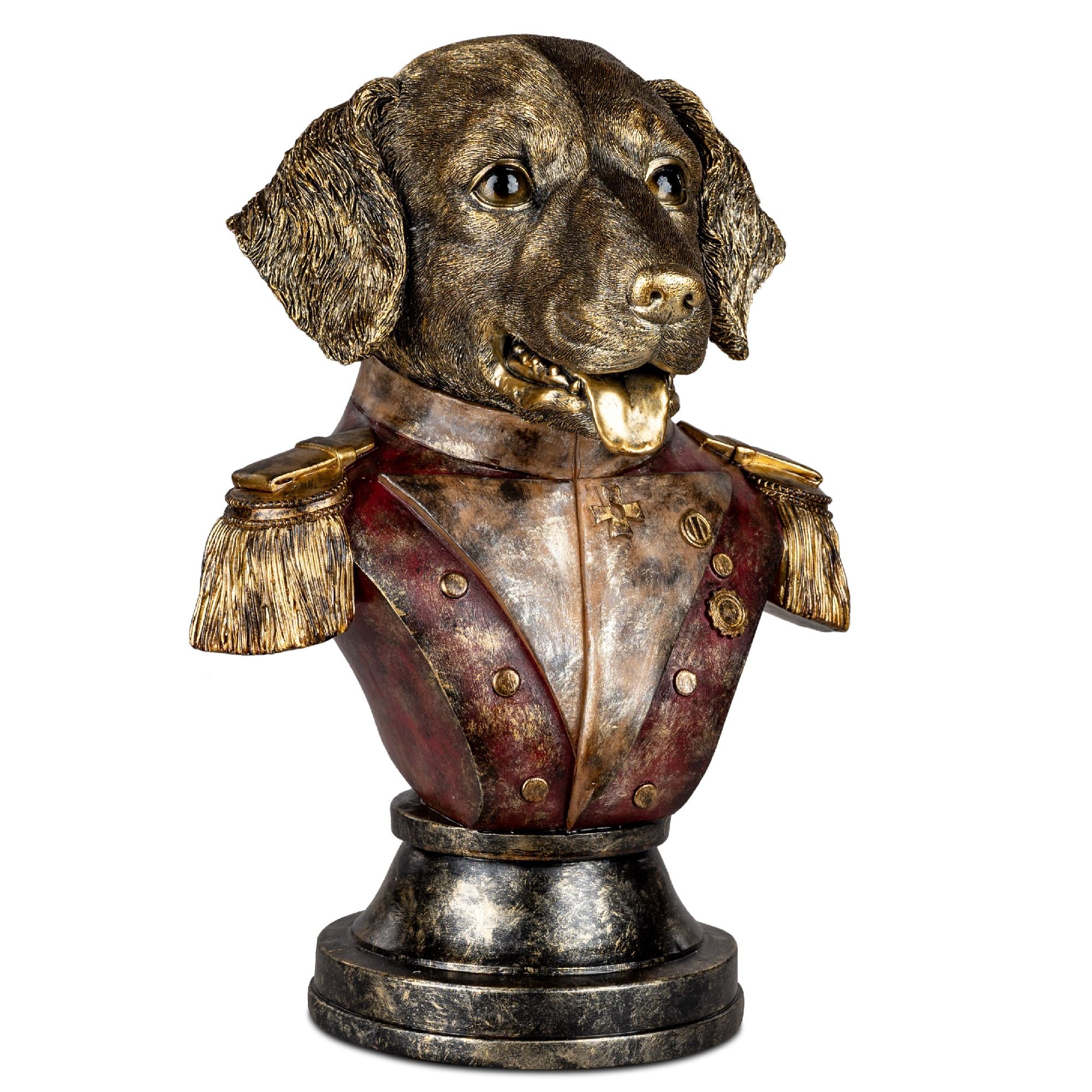 Bronzene Büste eines Hundes mit Uniform, auf einem runden Sockel. Der Hund hat eine freundliche Miene und trägt Schulterepauletten.