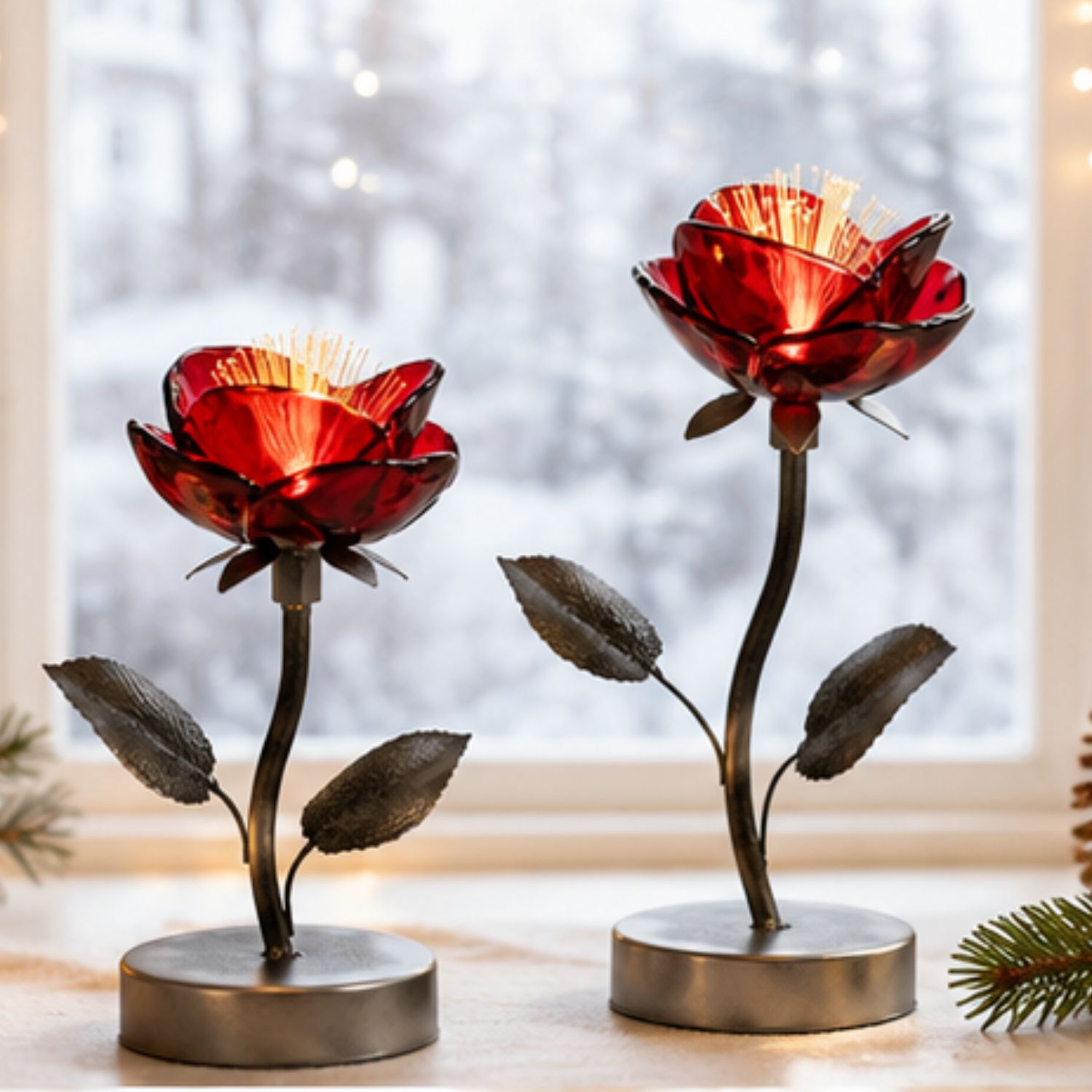 Zwei rote Blumenlampen aus Metall auf einem Fensterbrett vor verschneitem Hintergrund