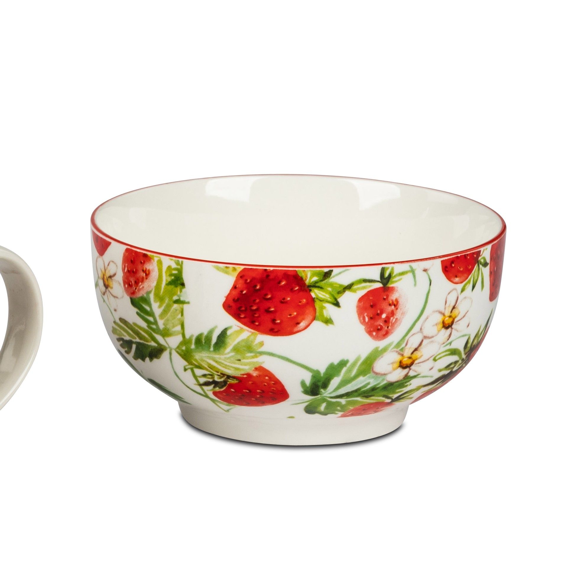 Schüssel aus Porzellan mit Erdbeer- und Blütenmuster, rotem Rand, auf einem weißen Hintergrund.