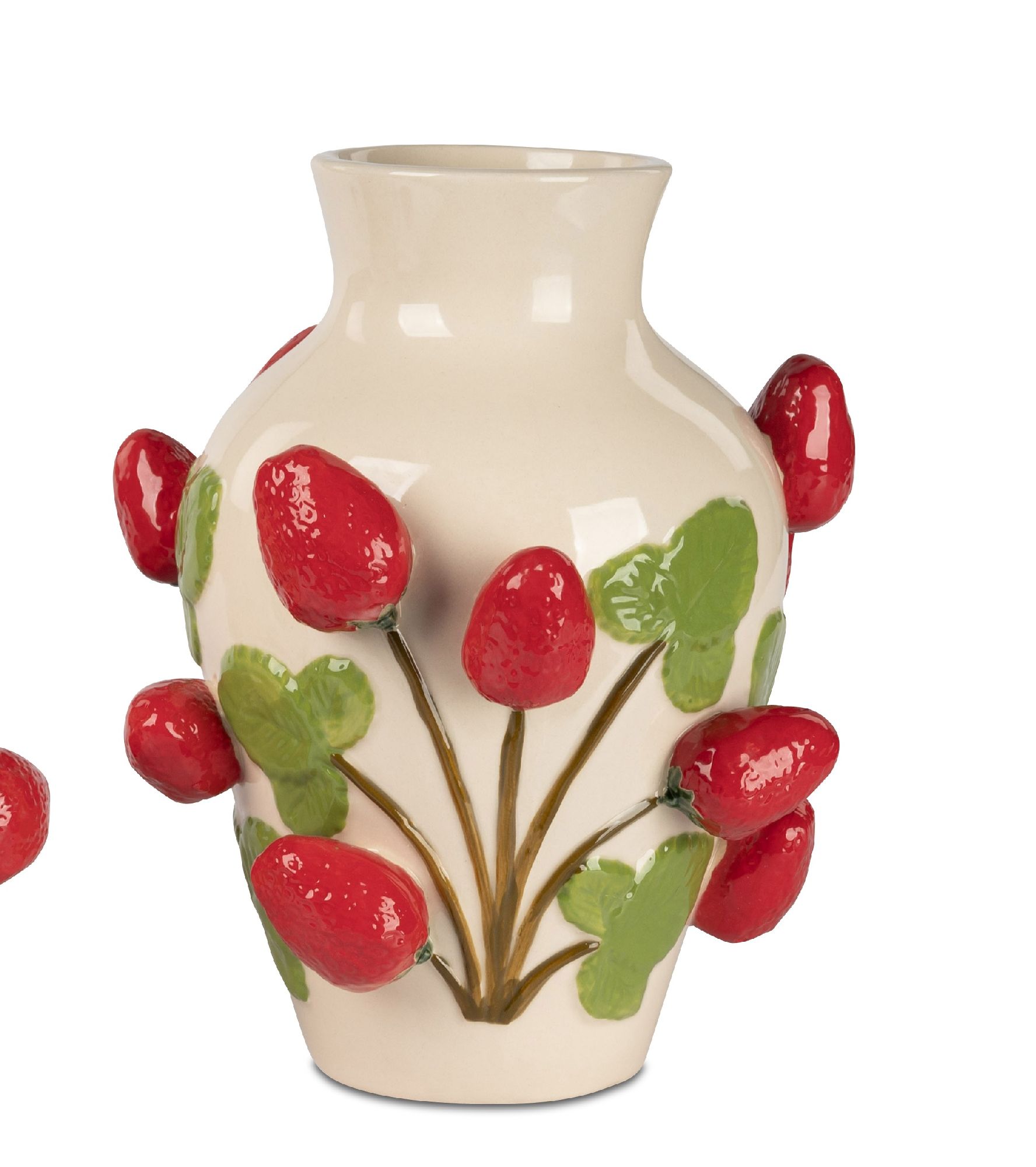 Vase mit cremefarbener Oberfläche, verziert mit roten Erdbeeren und grünen Blättern.