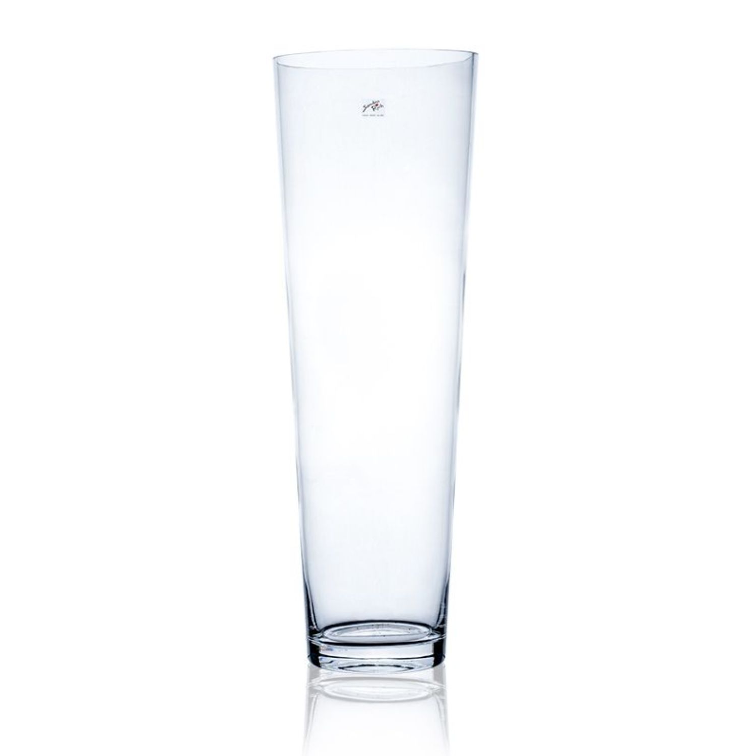 Hoher, transparenter Glasbehälter mit geradem Rand und breiterer Basis. Ideal für Getränke oder Blumenarrangements.